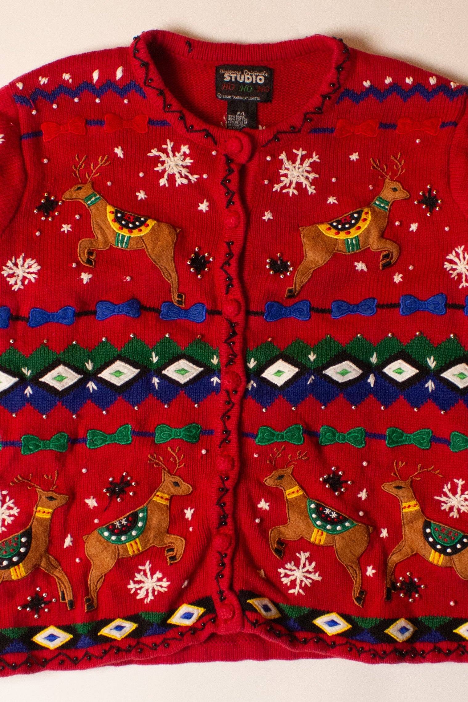 Vintage Reindeer Collage Ugly Christmas Cardigan (1990s)