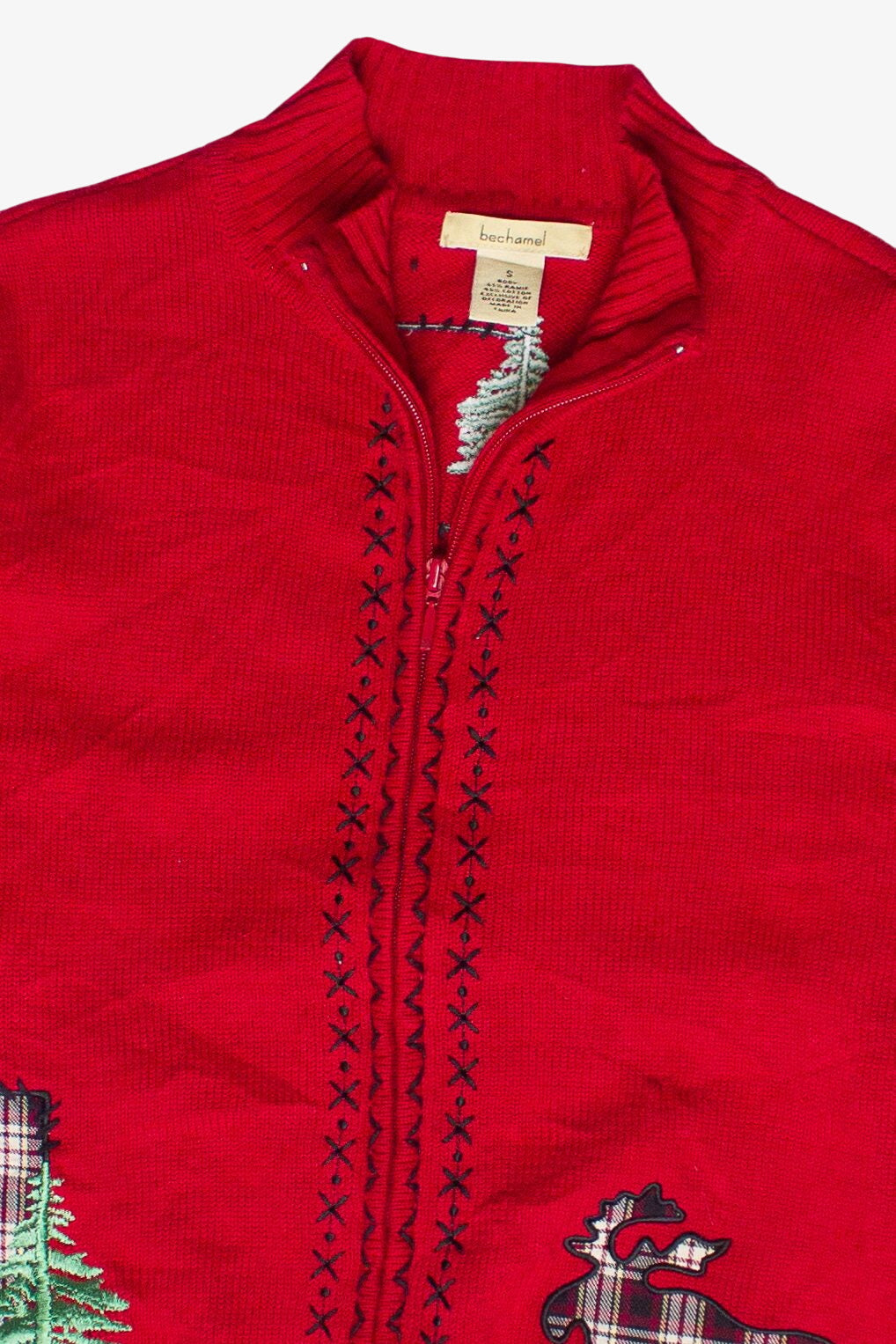 Vintage Bechamel Plaid Tree Moose Patch Zip Up Ugly Christmas Sweater (2000s)
