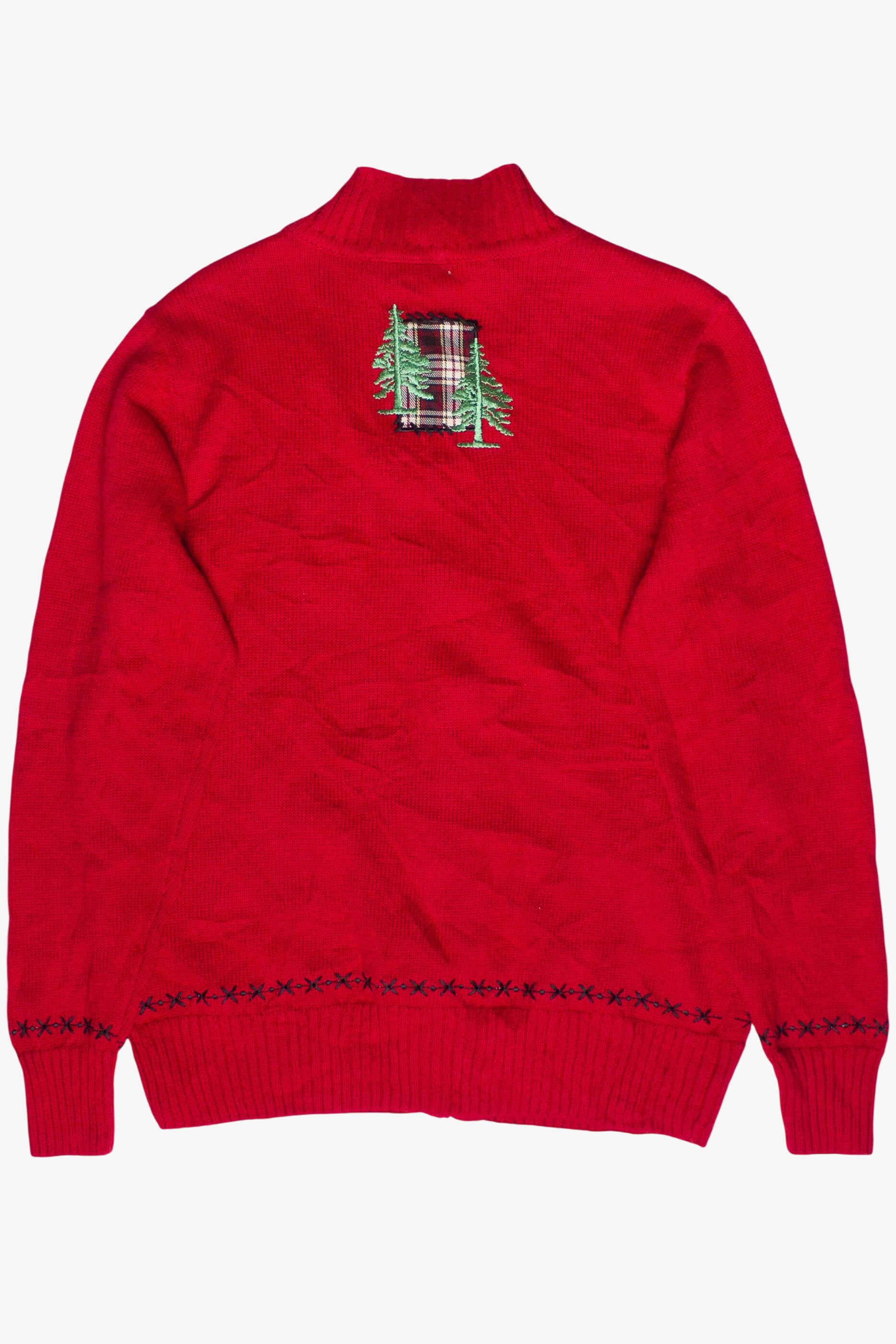 Vintage Bechamel Plaid Tree Moose Patch Zip Up Ugly Christmas Sweater (2000s)