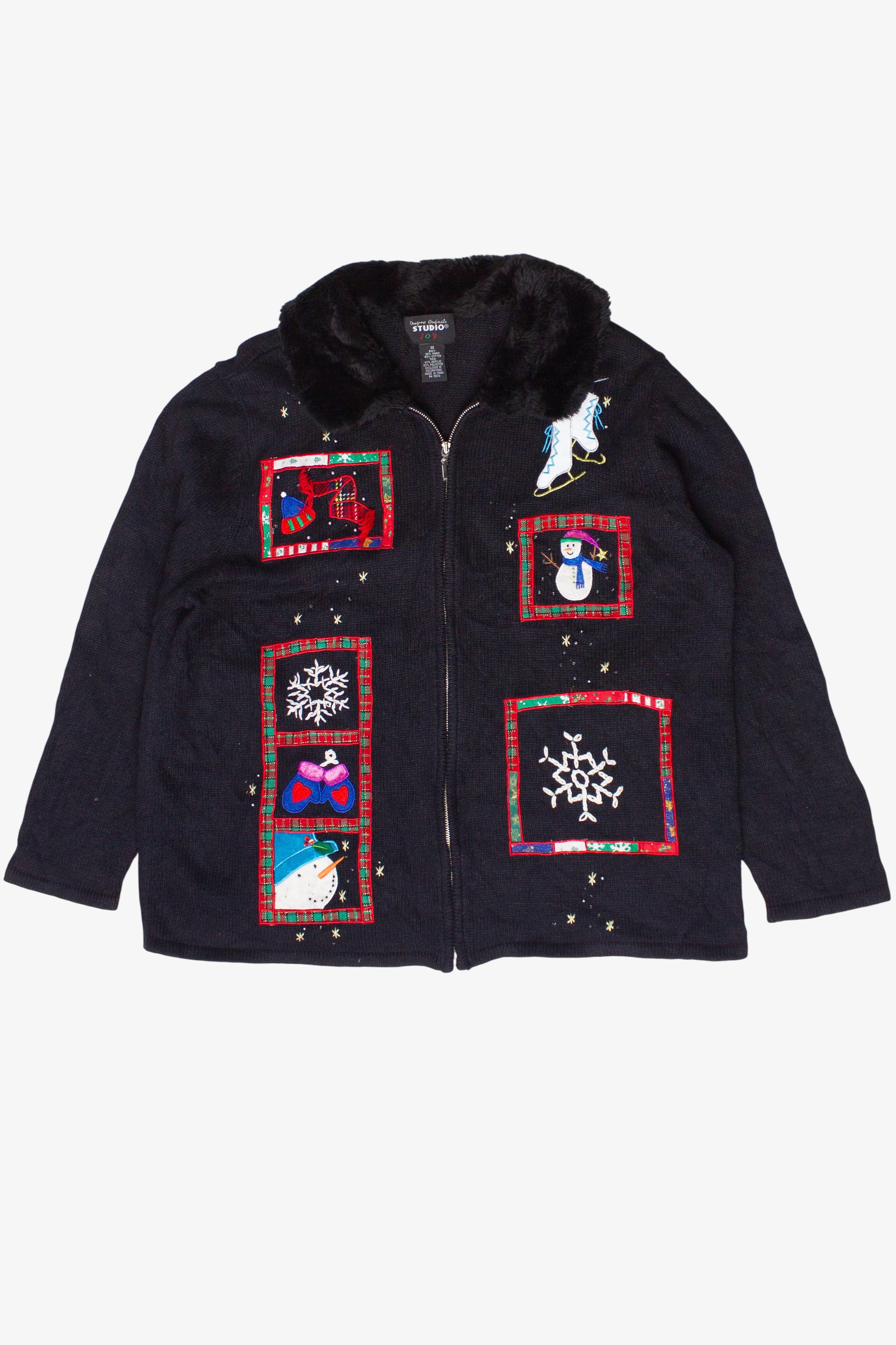 Vintage Faux Fur Collar Embroidered Patches Ugly Christmas Sweater (2000s)