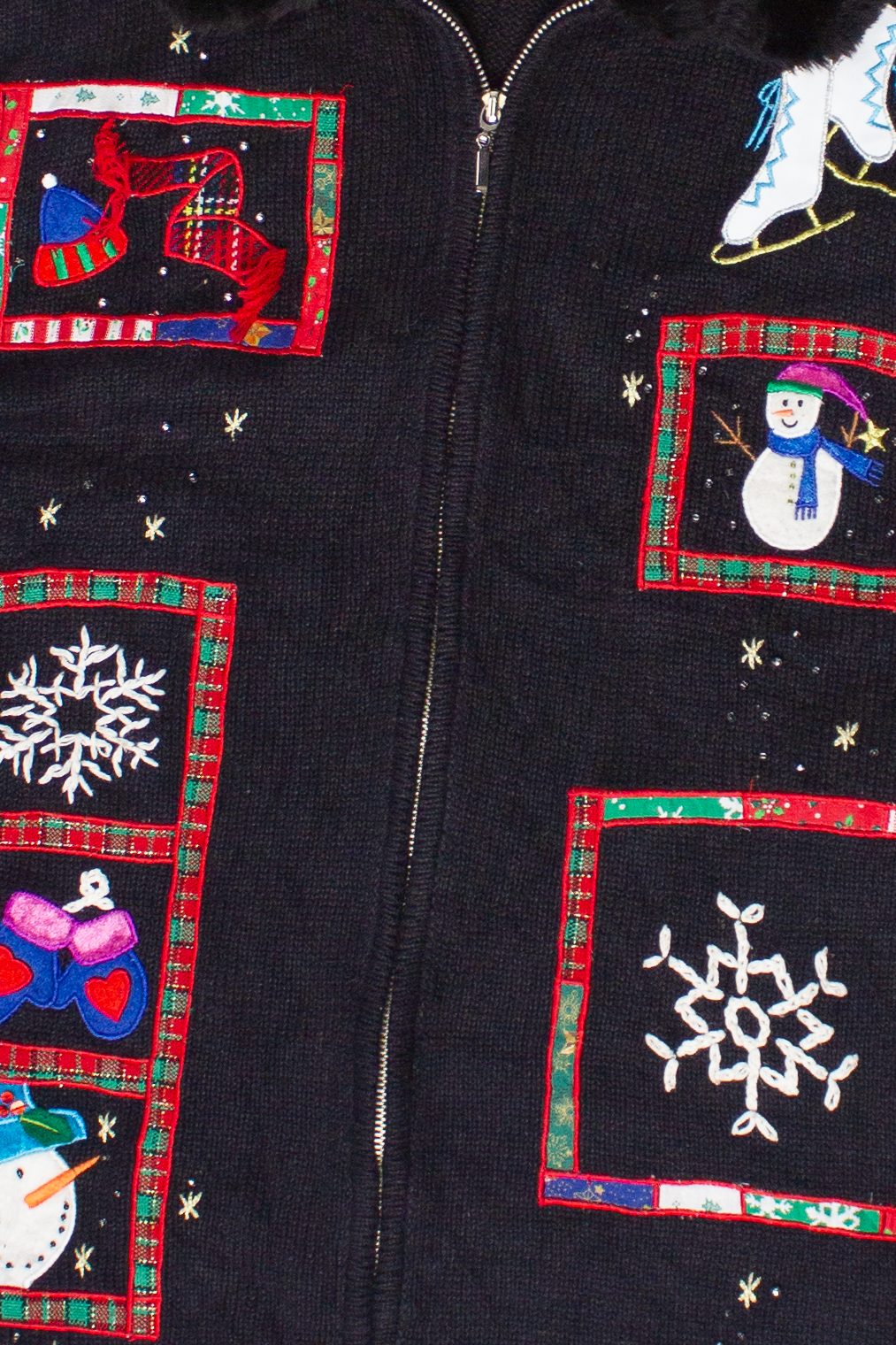 Vintage Faux Fur Collar Embroidered Patches Ugly Christmas Sweater (2000s)