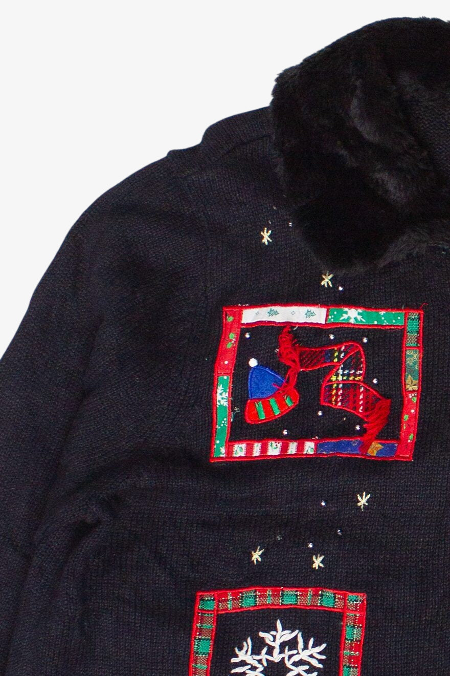 Vintage Faux Fur Collar Embroidered Patches Ugly Christmas Sweater (2000s)