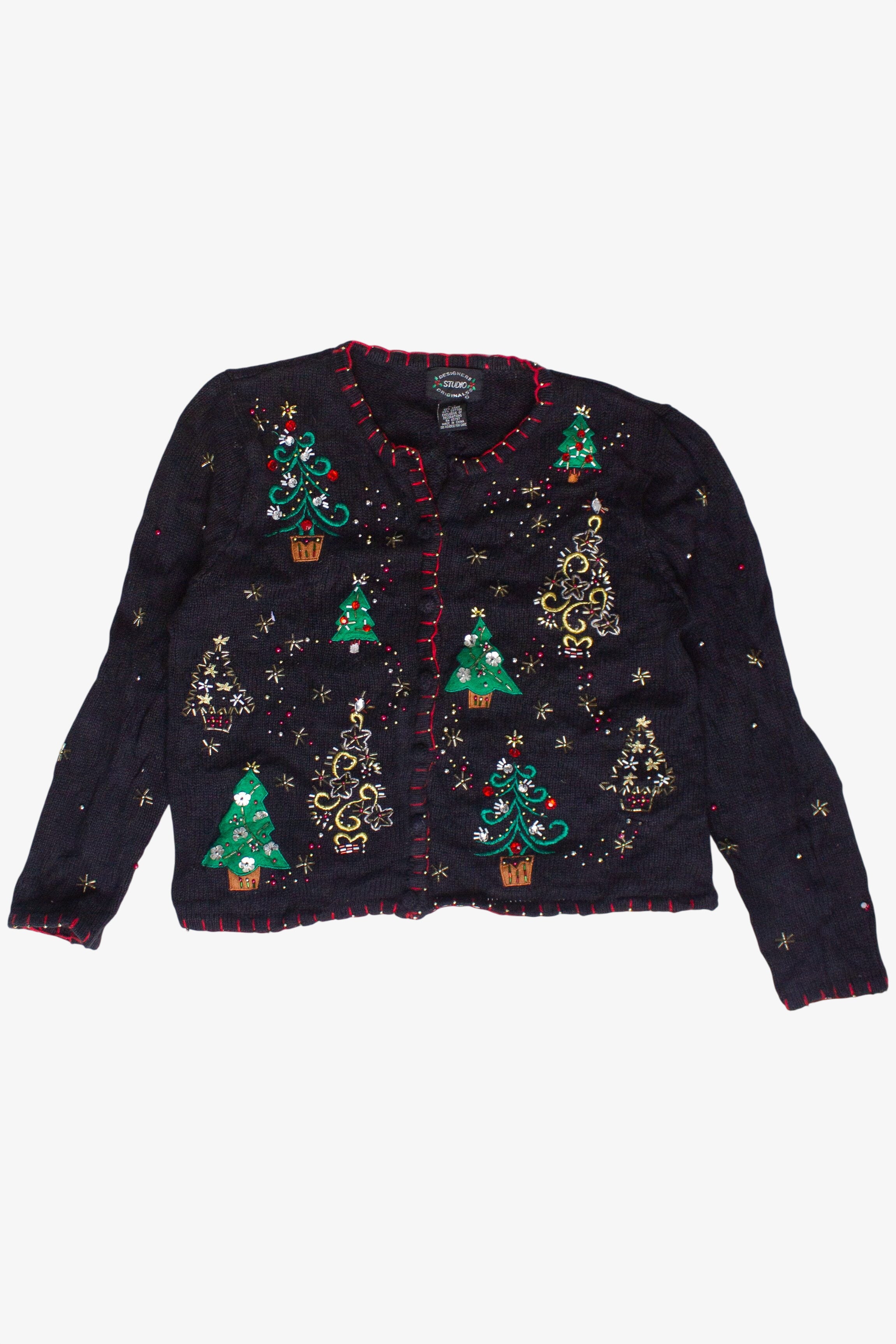 Vintage Beaded Bedazzled Christmas Trees Ugly Christmas Sweater (2000s)