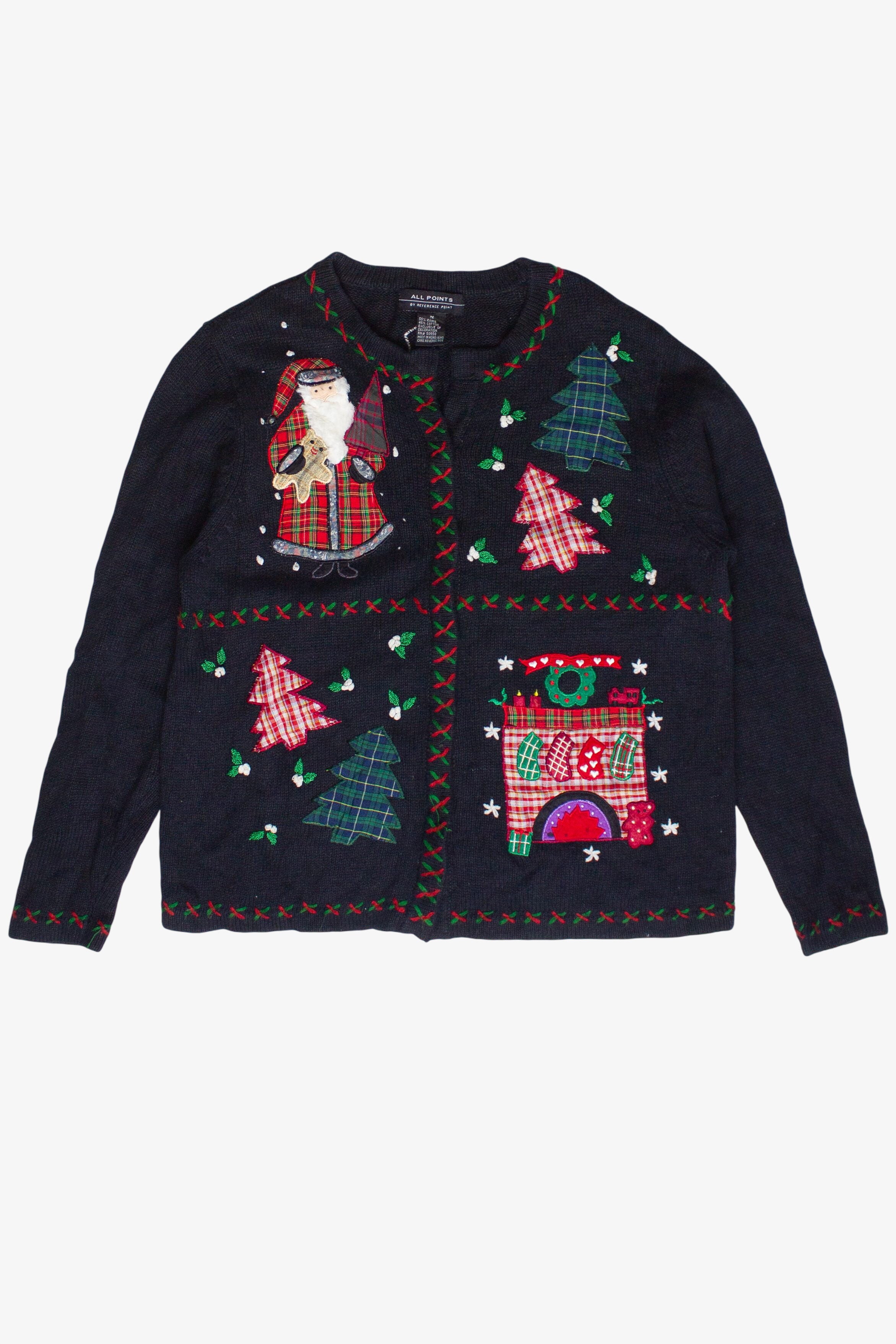 Vintage Plaid Patches Santa Fireplace Ugly Christmas Sweater (1990s)