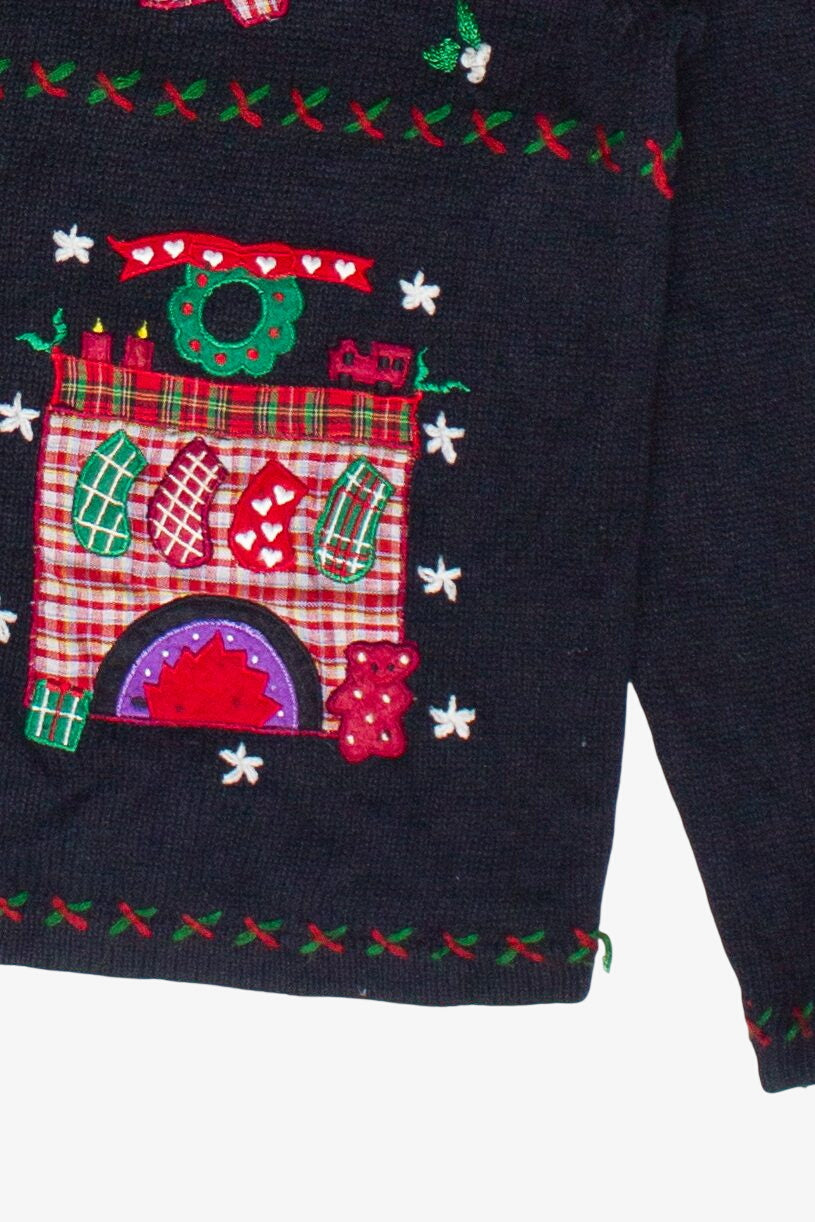 Vintage Plaid Patches Santa Fireplace Ugly Christmas Sweater (1990s)