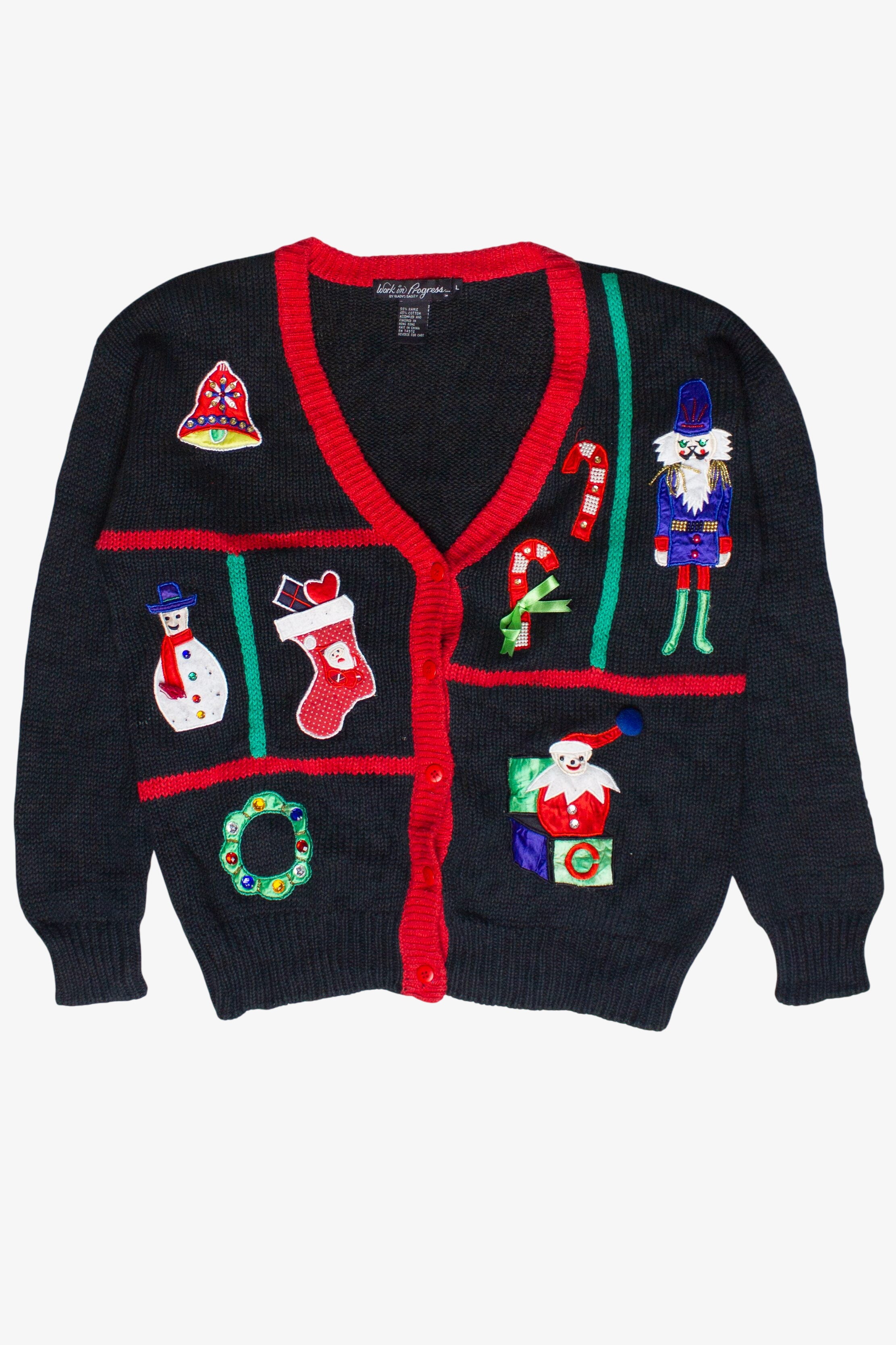 Vintage Work in Progress Holiday Patches Knit Ugly Christmas Sweater (1990s)