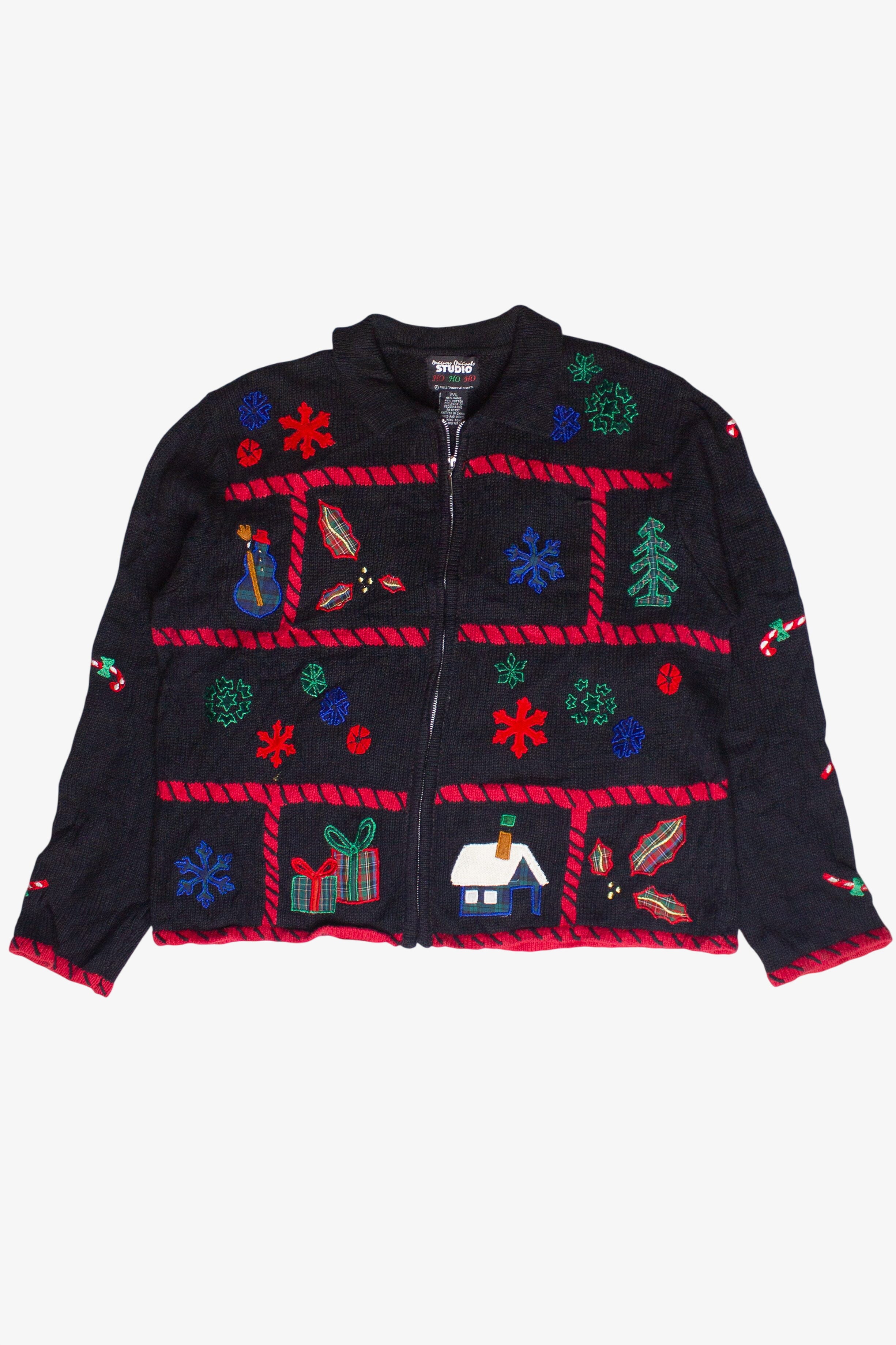 Vintage Plaid Patches Cottagecore Stocking Bears Zip Up Ugly Christmas Sweater (2000s)