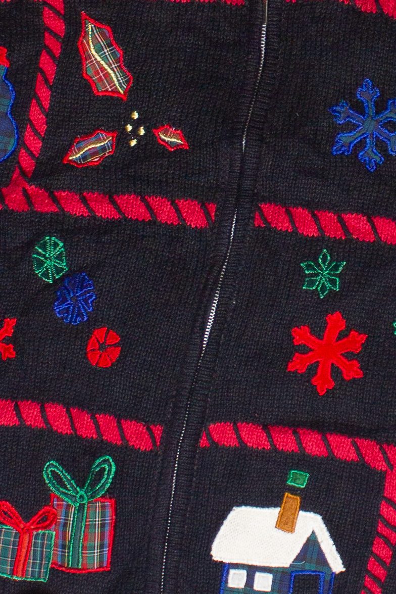 Vintage Plaid Patches Cottagecore Stocking Bears Zip Up Ugly Christmas Sweater (2000s)