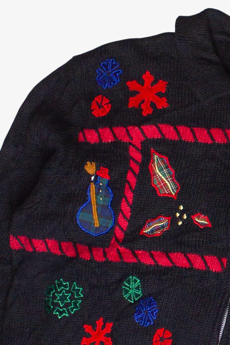 Vintage Plaid Patches Cottagecore Stocking Bears Zip Up Ugly Christmas Sweater (2000s)