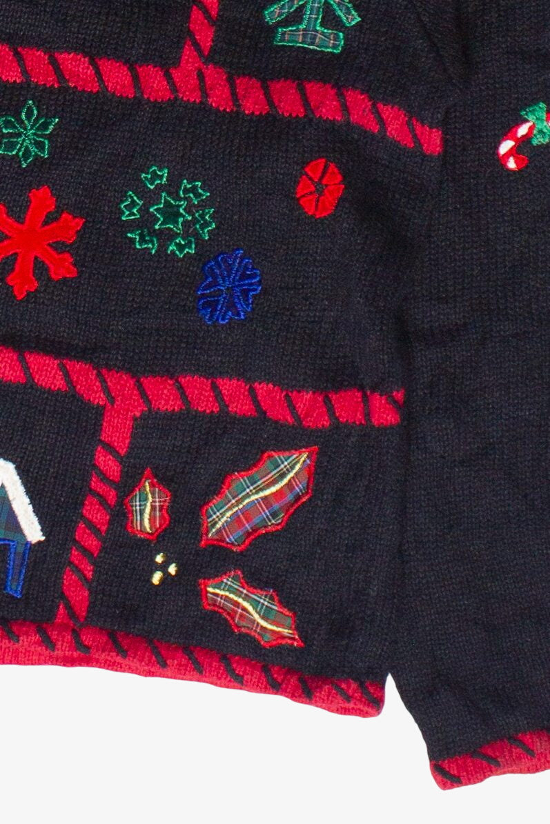 Vintage Plaid Patches Cottagecore Stocking Bears Zip Up Ugly Christmas Sweater (2000s)