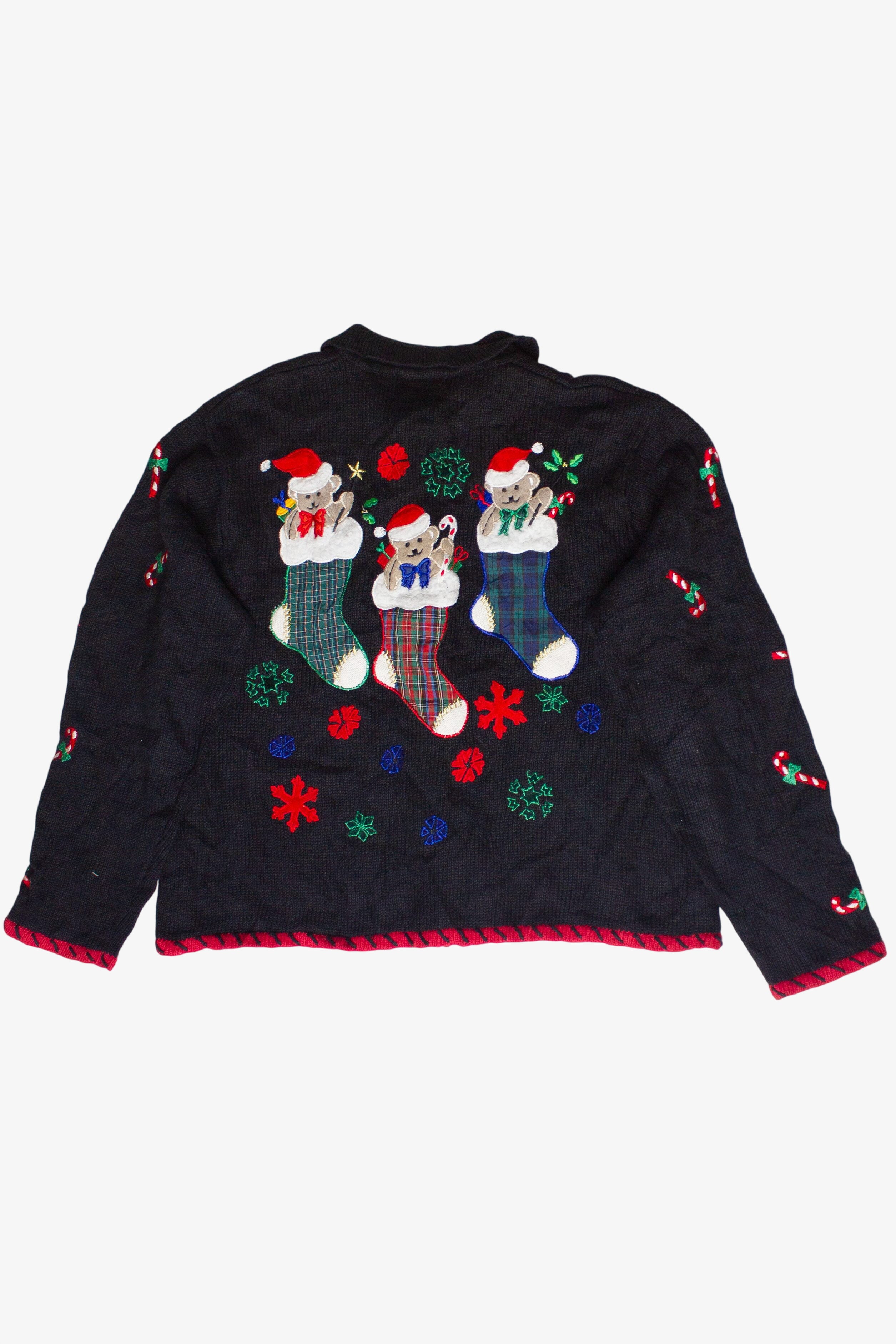 Vintage Plaid Patches Cottagecore Stocking Bears Zip Up Ugly Christmas Sweater (2000s)