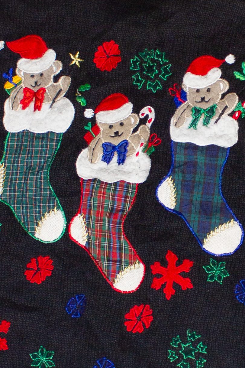 Vintage Plaid Patches Cottagecore Stocking Bears Zip Up Ugly Christmas Sweater (2000s)