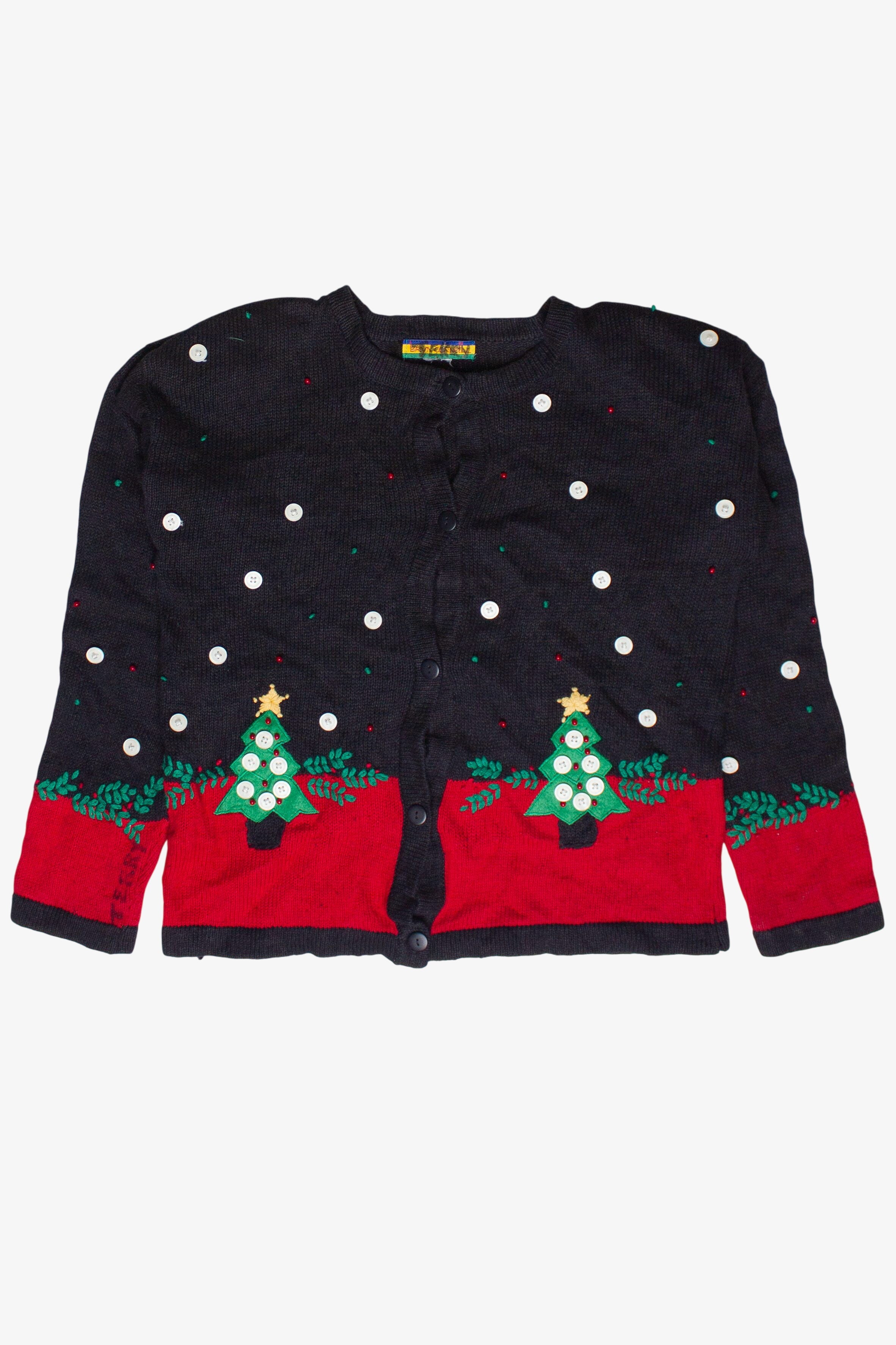 Vintage Bryn Connelly Button Embroidery Trees Ugly Christmas Sweater (1990s)