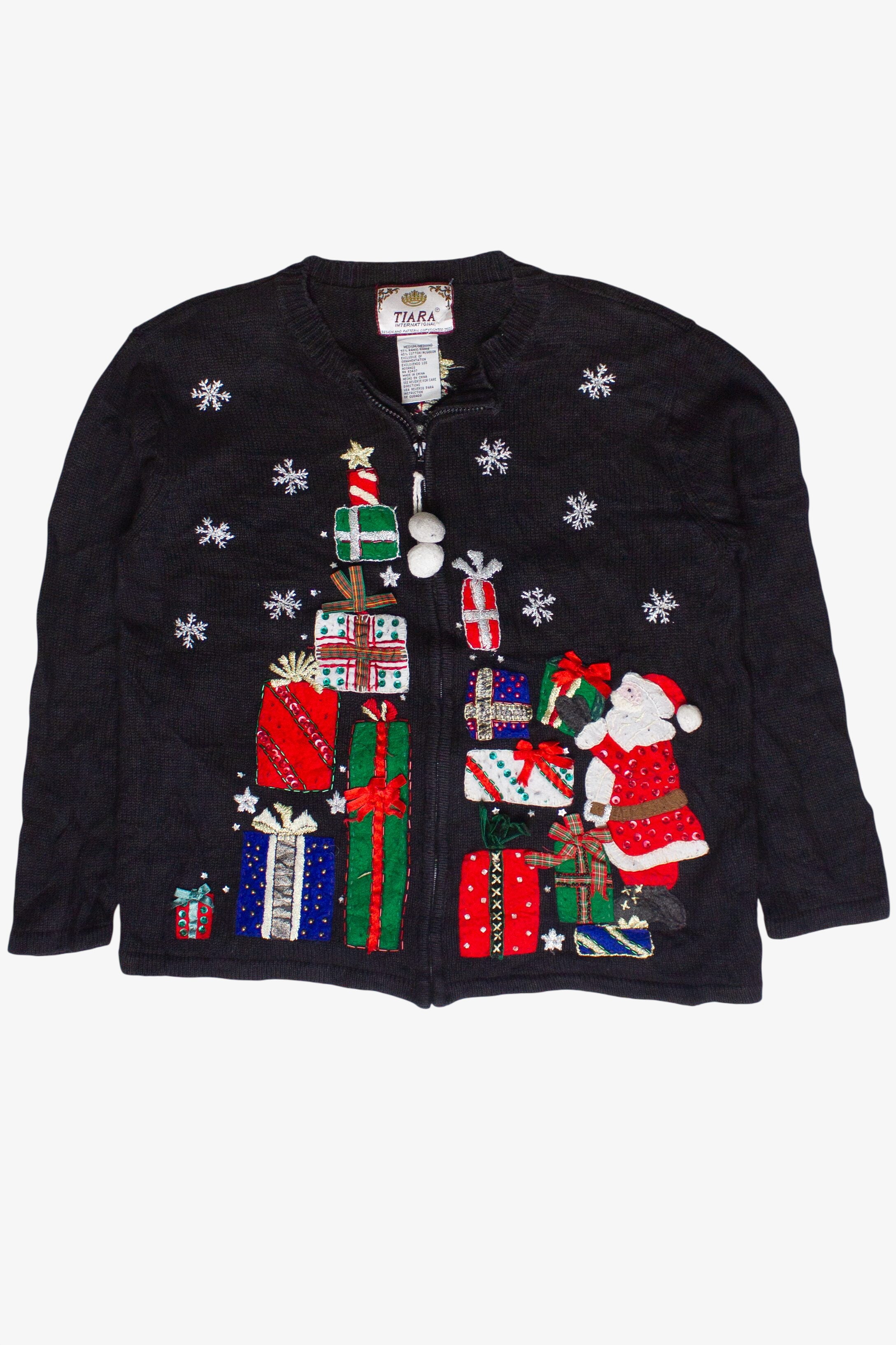 Vintage Santa's Present Stash Tiara International Zip Up Ugly Christmas Sweater (2000s)