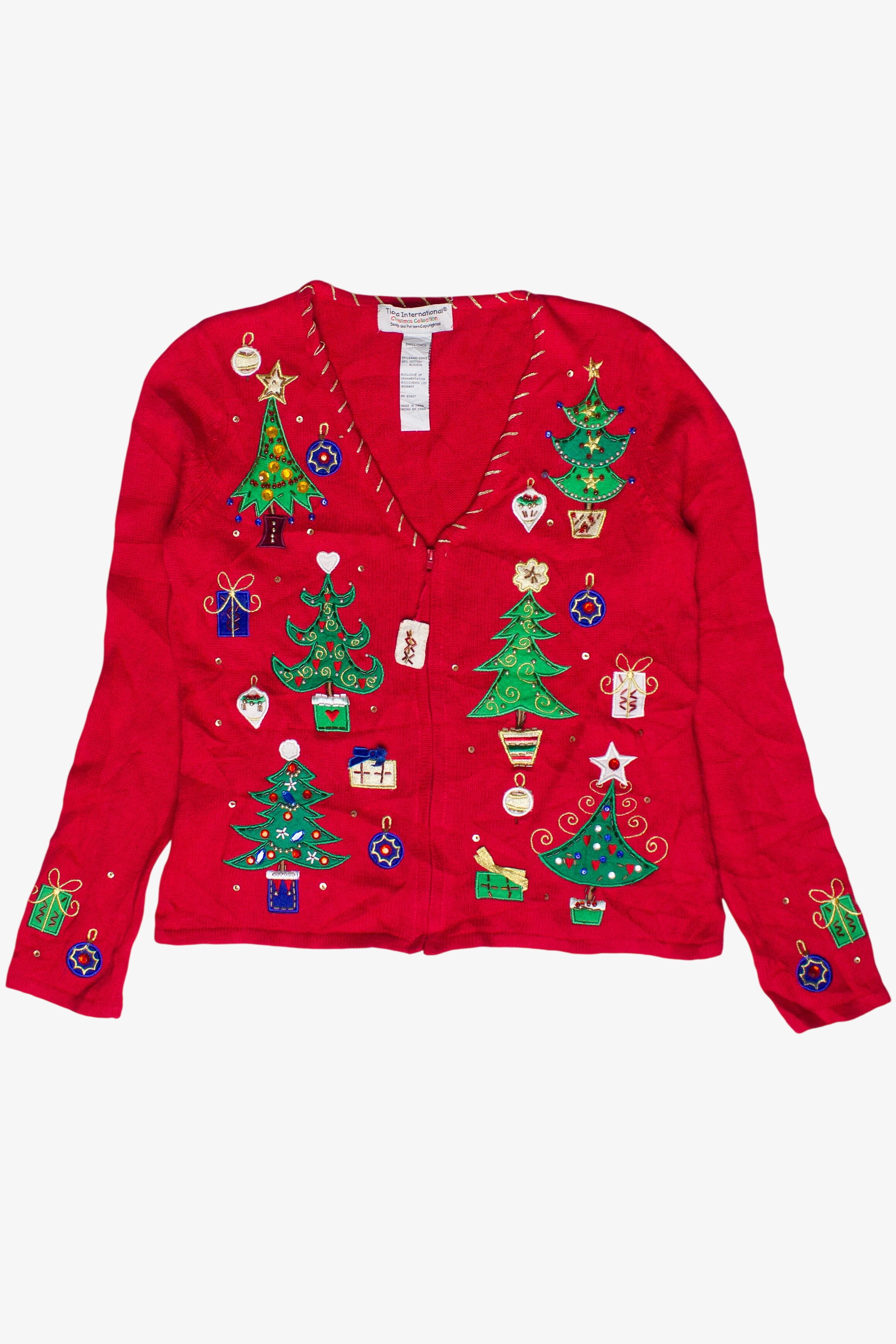 Vintage Beaded Christmas Trees Tiara International Zip Up Ugly Christmas Sweater (2000s)