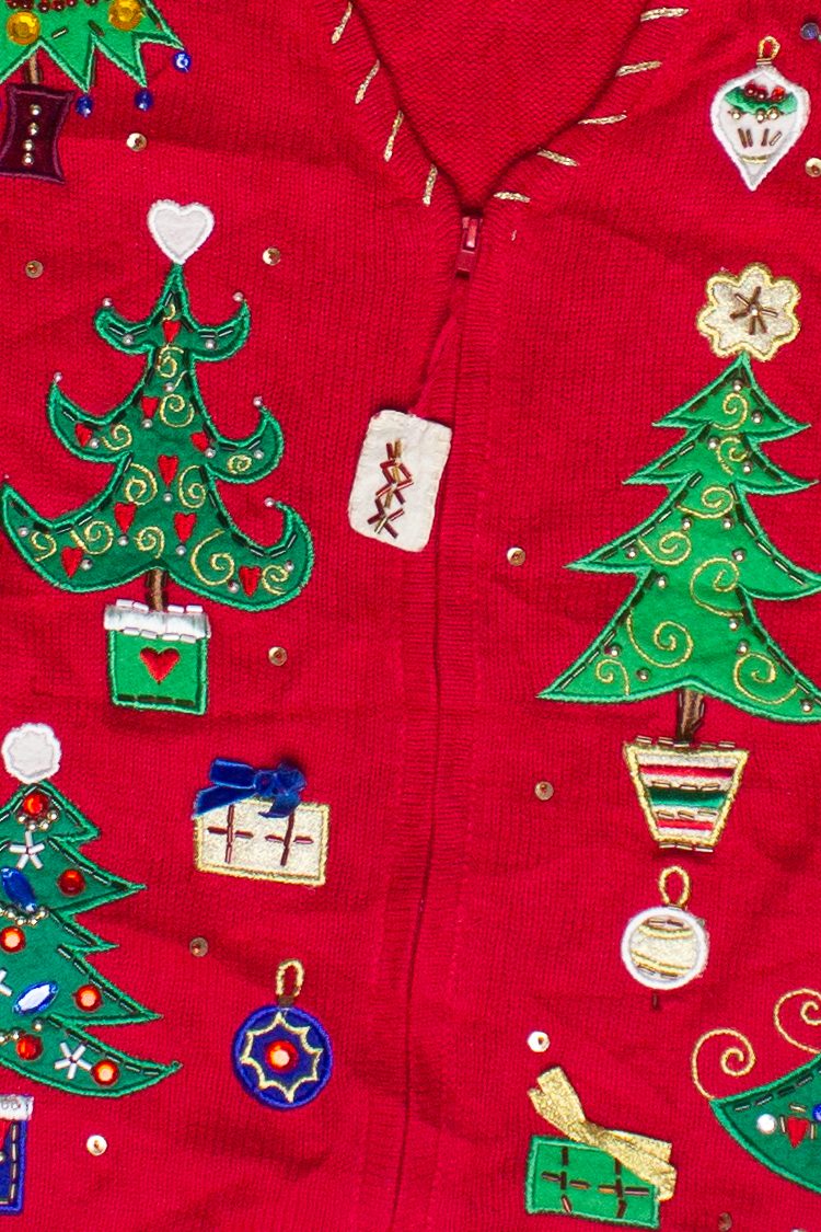 Vintage Beaded Christmas Trees Tiara International Zip Up Ugly Christmas Sweater (2000s)