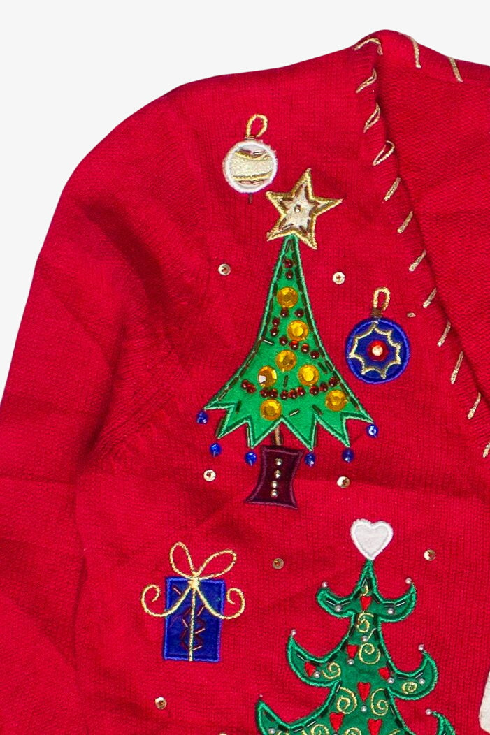 Vintage Beaded Christmas Trees Tiara International Zip Up Ugly Christmas Sweater (2000s)