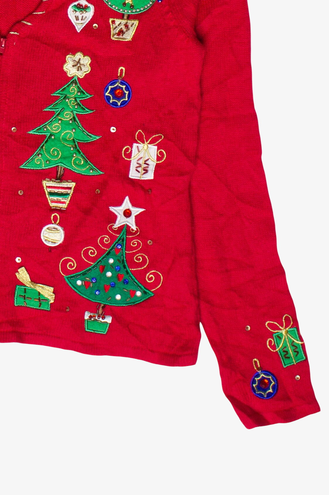 Vintage Beaded Christmas Trees Tiara International Zip Up Ugly Christmas Sweater (2000s)