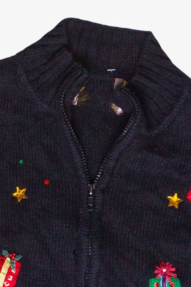 Vintage Beaded Embroidered Presents Zip Up Ugly Christmas Sweater (2000s)
