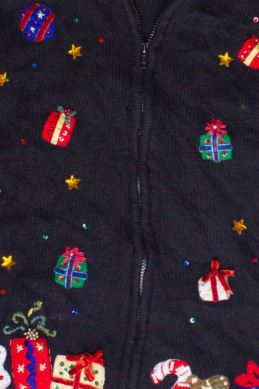 Vintage Beaded Embroidered Presents Zip Up Ugly Christmas Sweater (2000s)