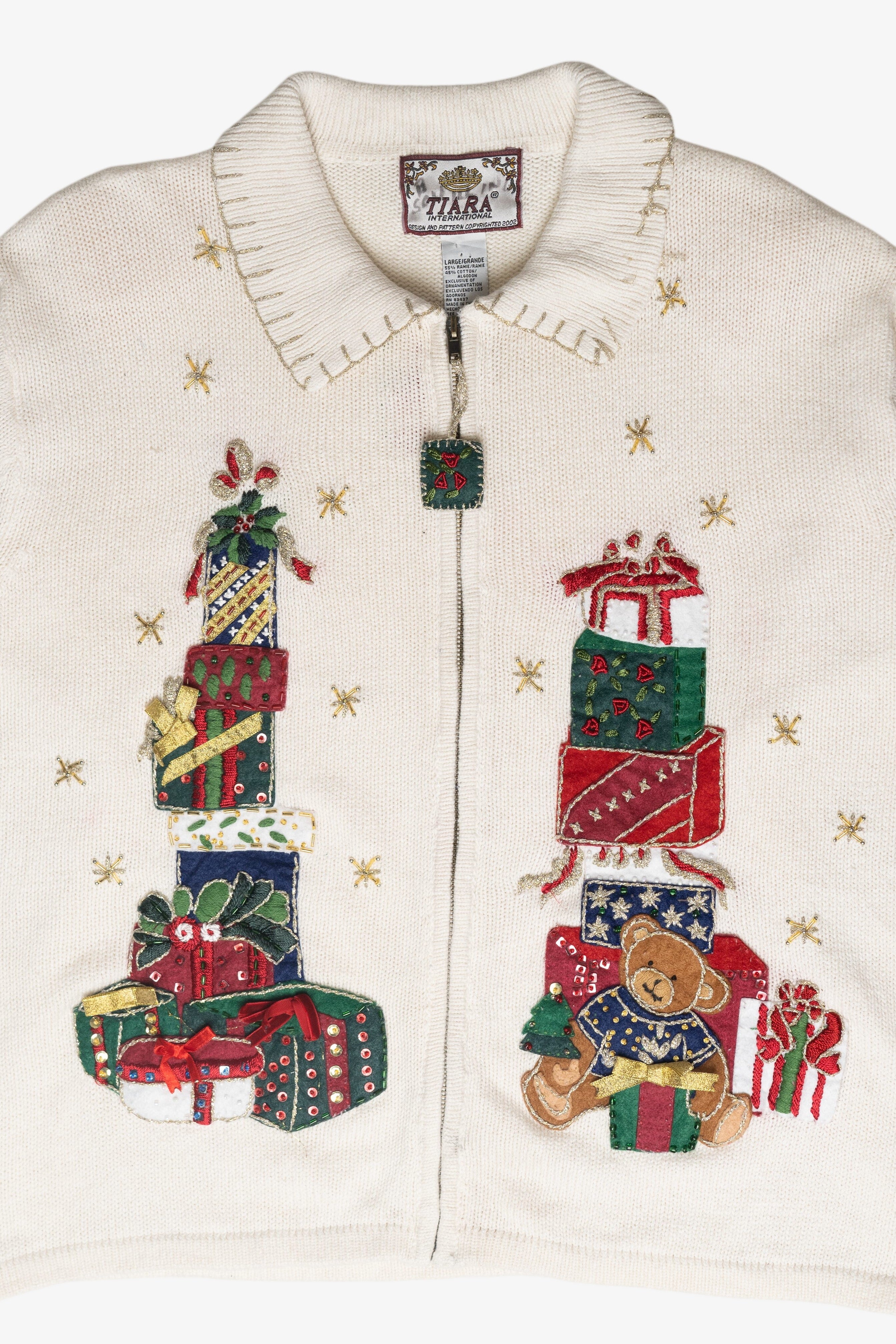 Bear Gifts Stitched Collar Ugly Christmas Cardigan Vintage (2000s)