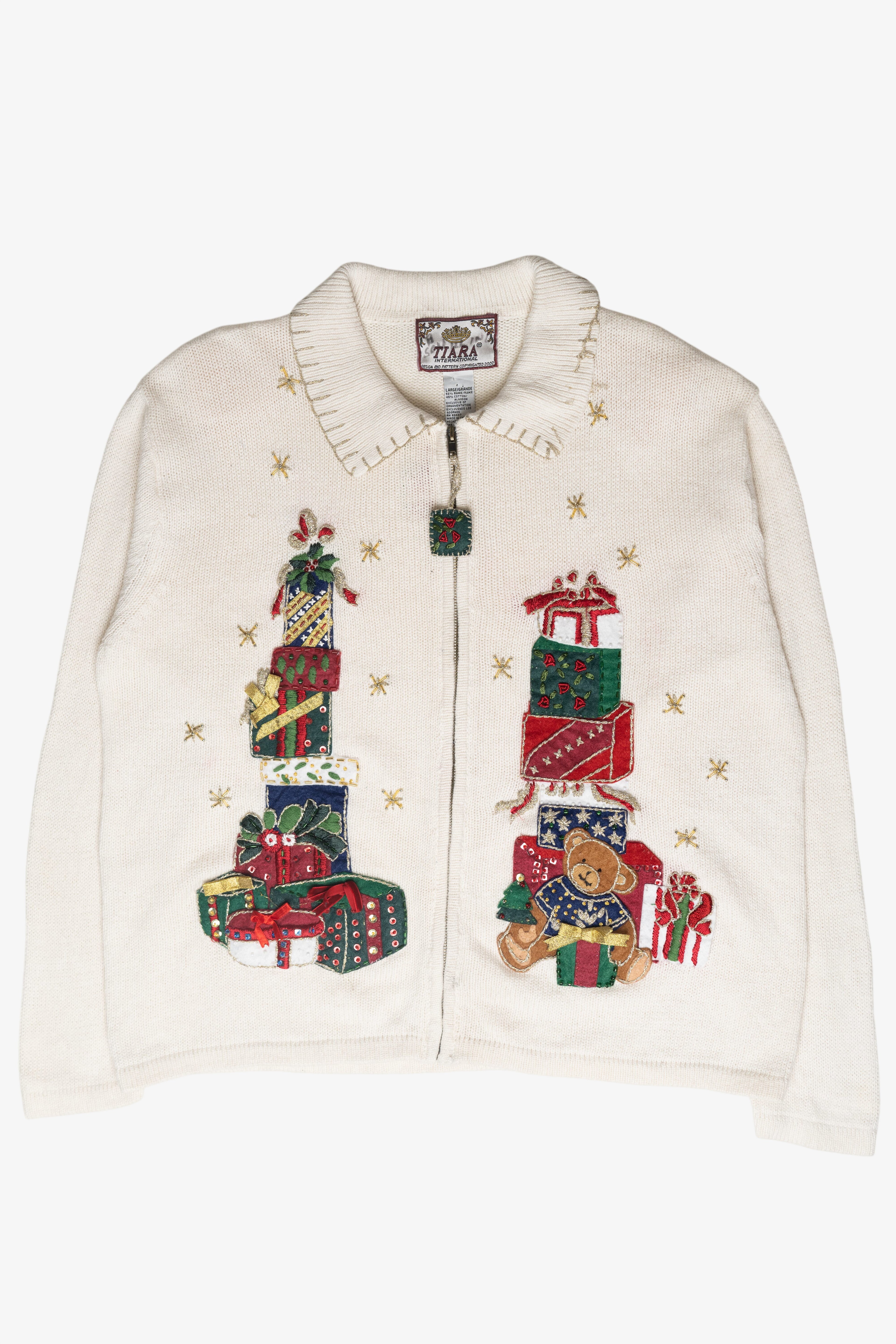 Bear Gifts Stitched Collar Ugly Christmas Cardigan Vintage (2000s)