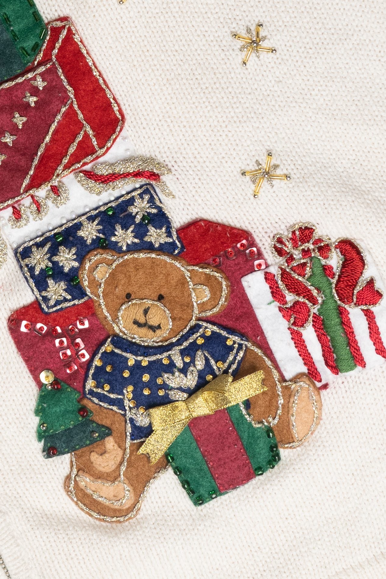Bear Gifts Stitched Collar Ugly Christmas Cardigan Vintage (2000s)
