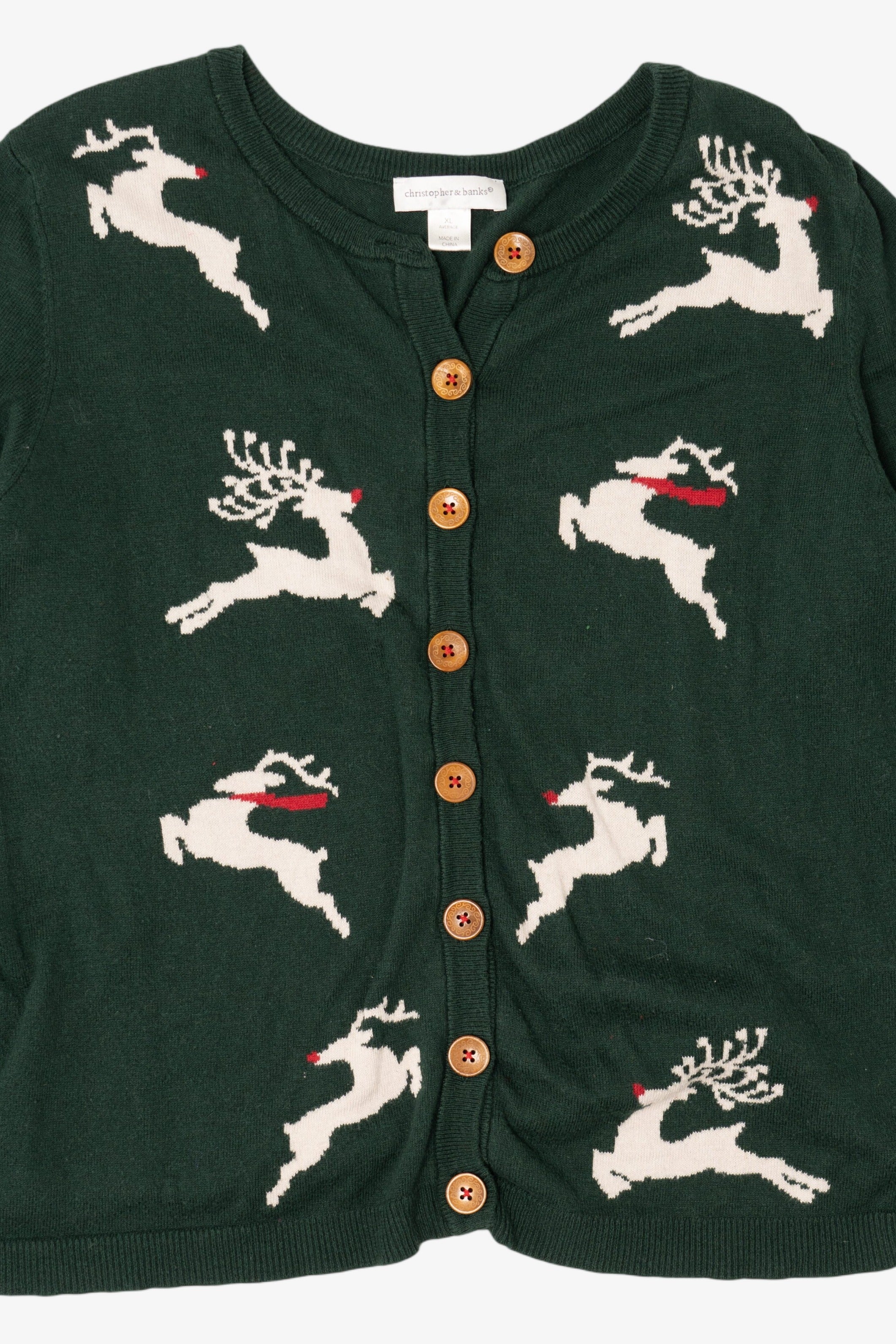 Green Christopher & Banks Reindeer Ugly Christmas Cardigan (2010s)