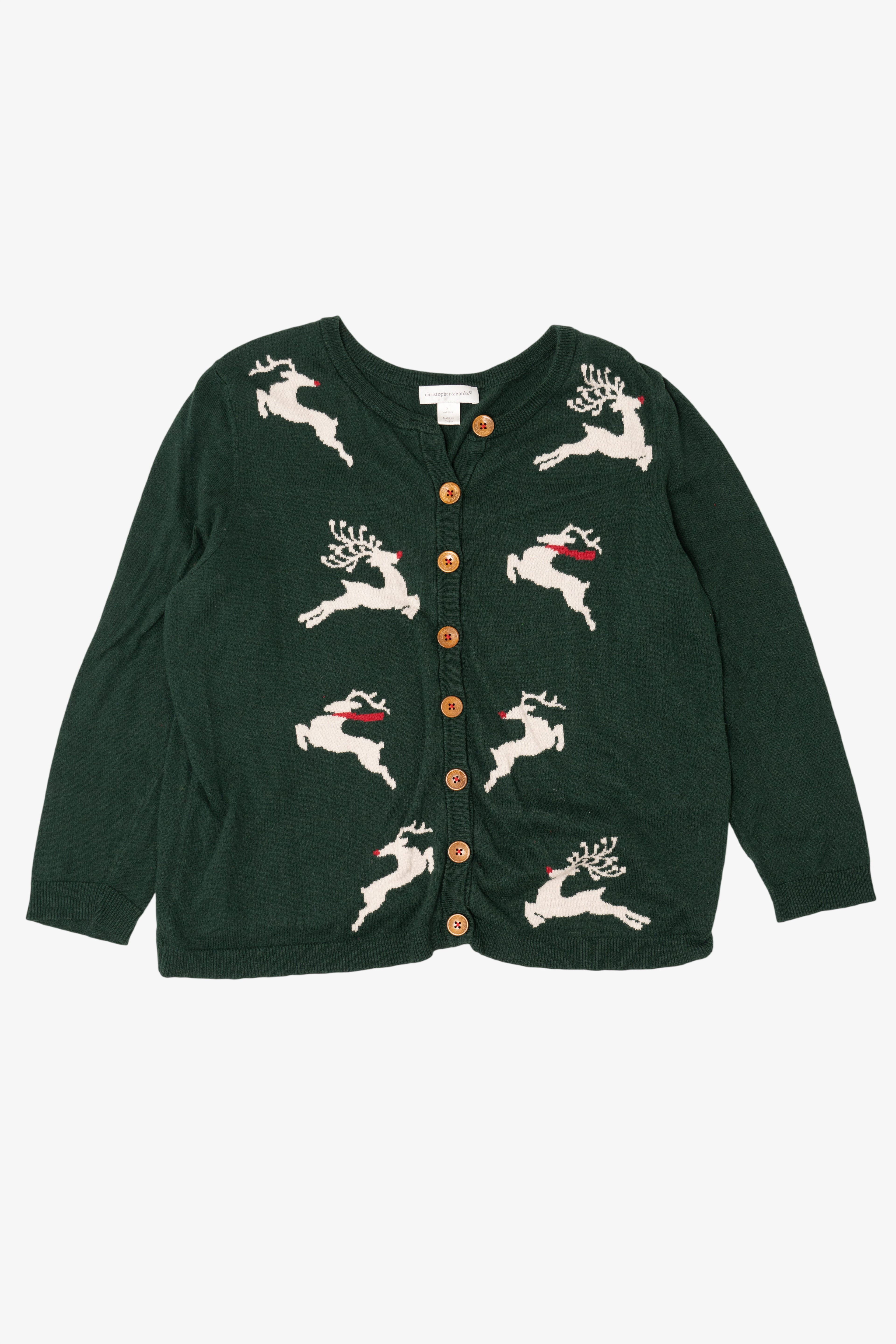 Green Christopher & Banks Reindeer Ugly Christmas Cardigan (2010s)