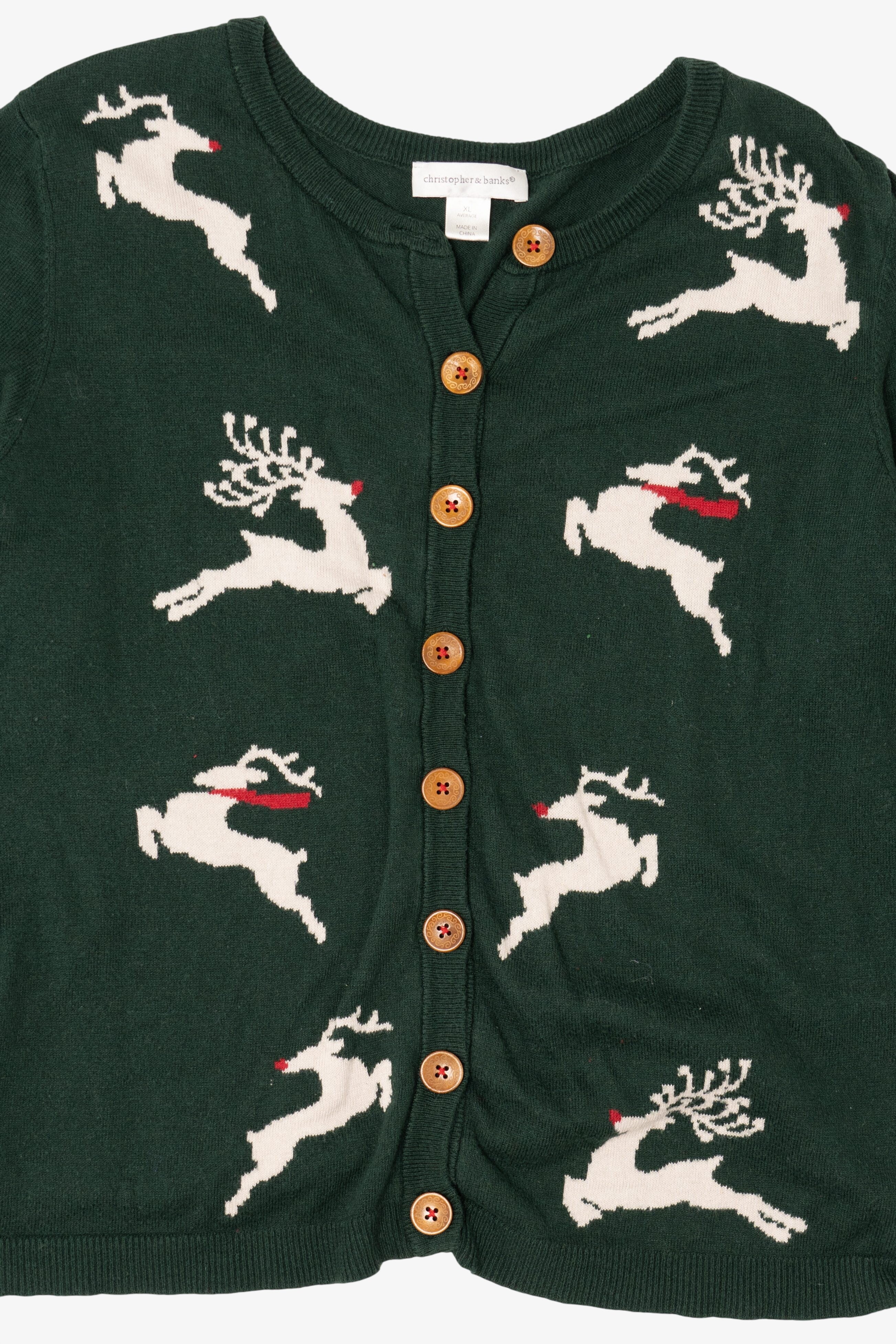 Green Christopher & Banks Reindeer Ugly Christmas Cardigan (2010s)