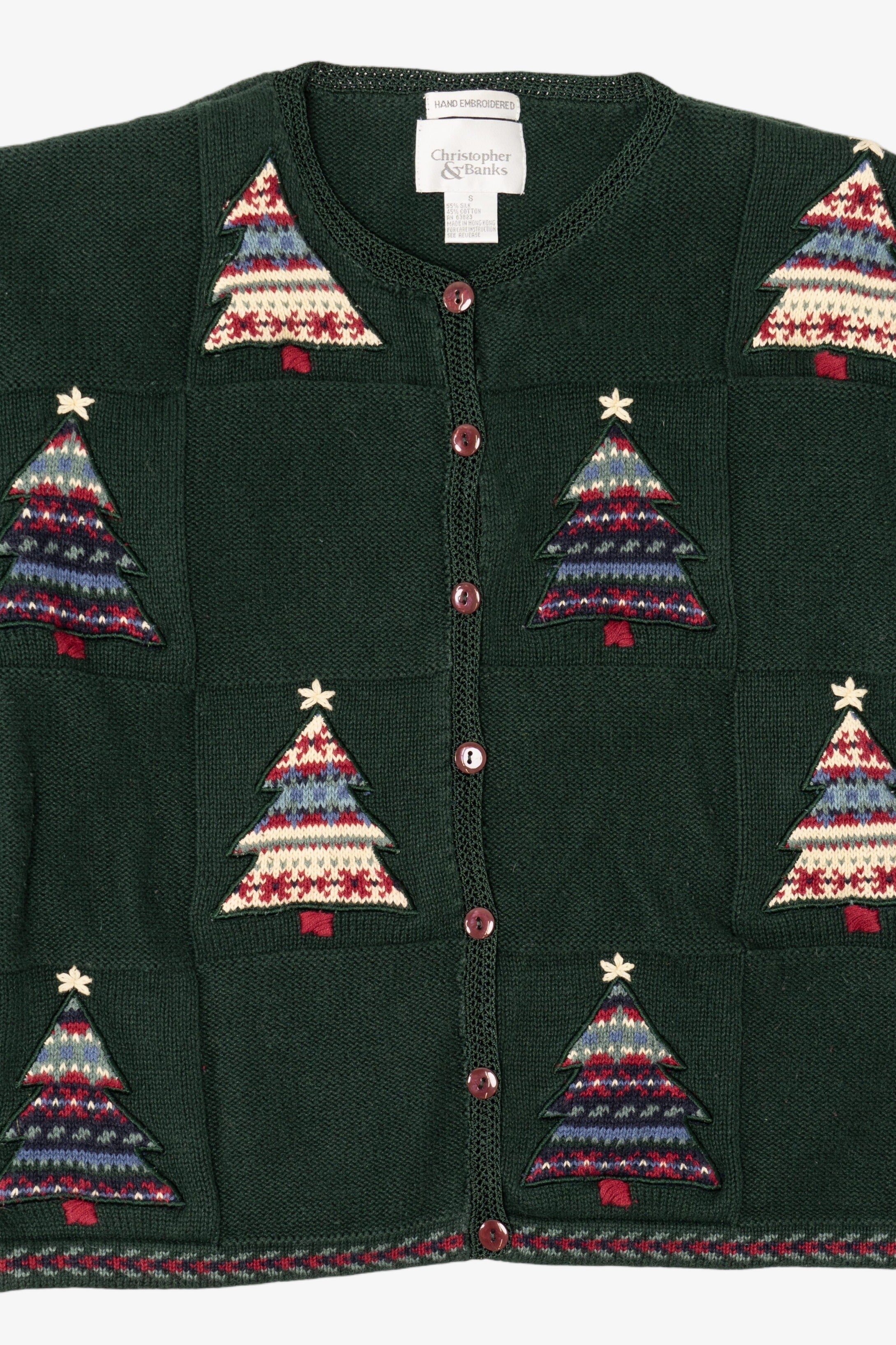 Vintage Hand Embroidered Green Christopher & Banks Trees Ugly Christmas Cardigan (1990s)