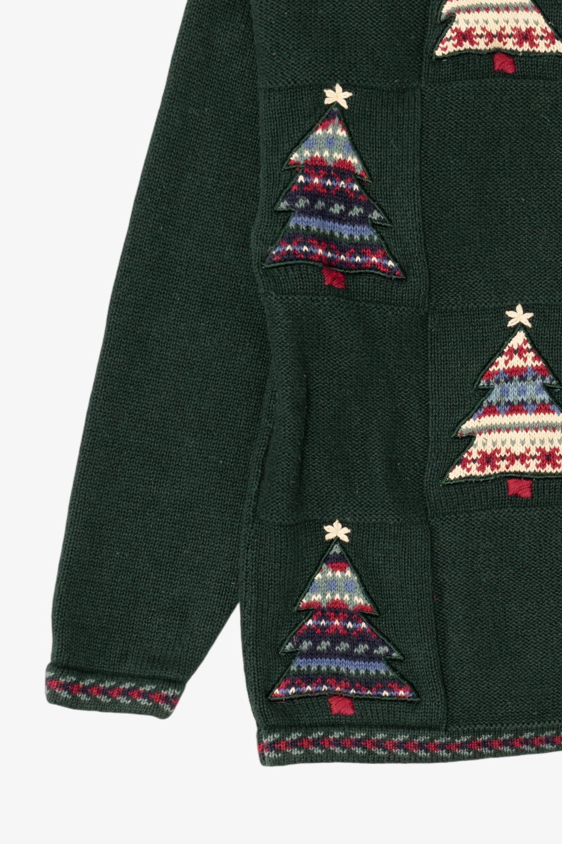Vintage Hand Embroidered Green Christopher & Banks Trees Ugly Christmas Cardigan (1990s)