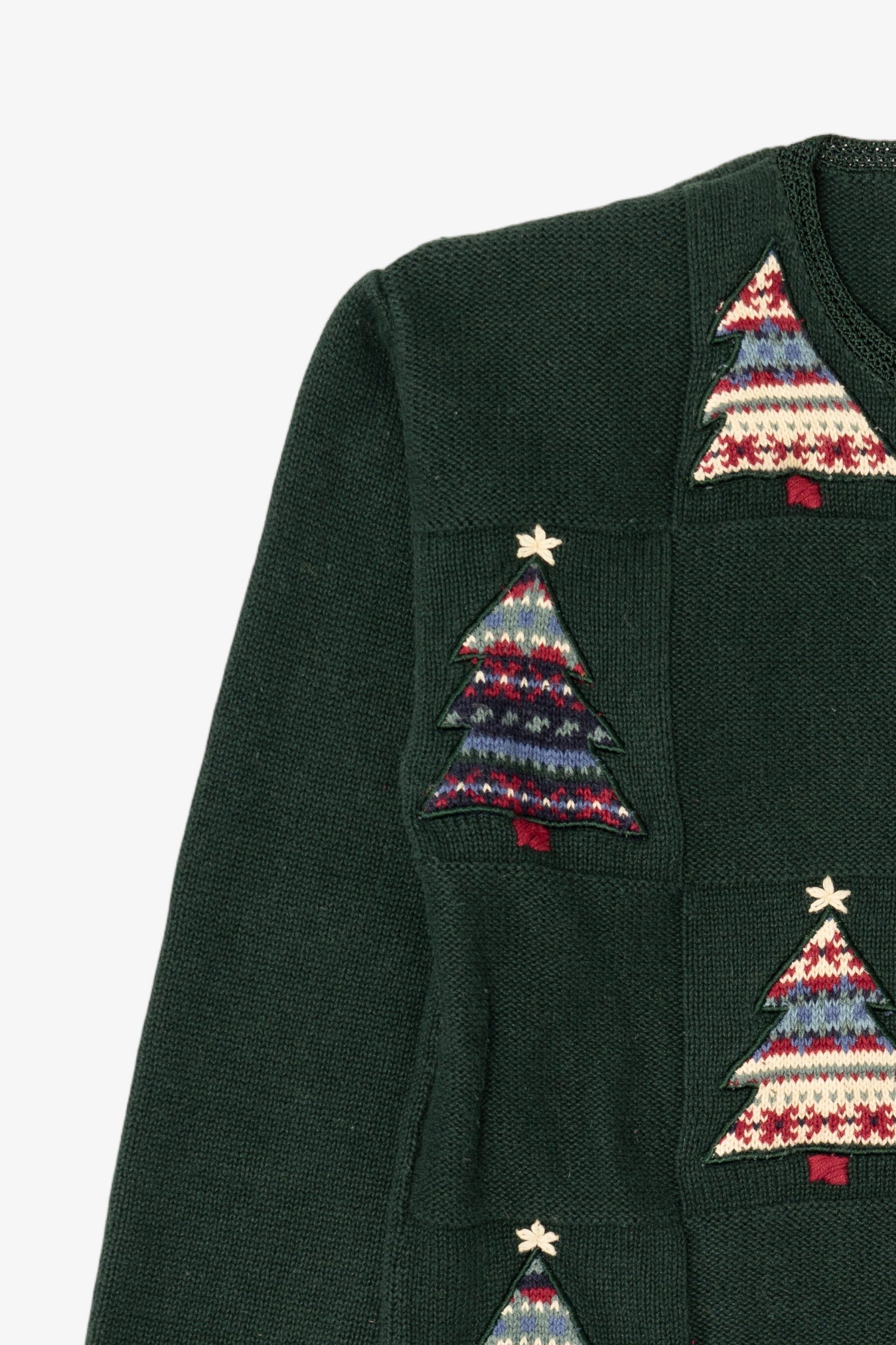 Vintage Hand Embroidered Green Christopher & Banks Trees Ugly Christmas Cardigan (1990s)