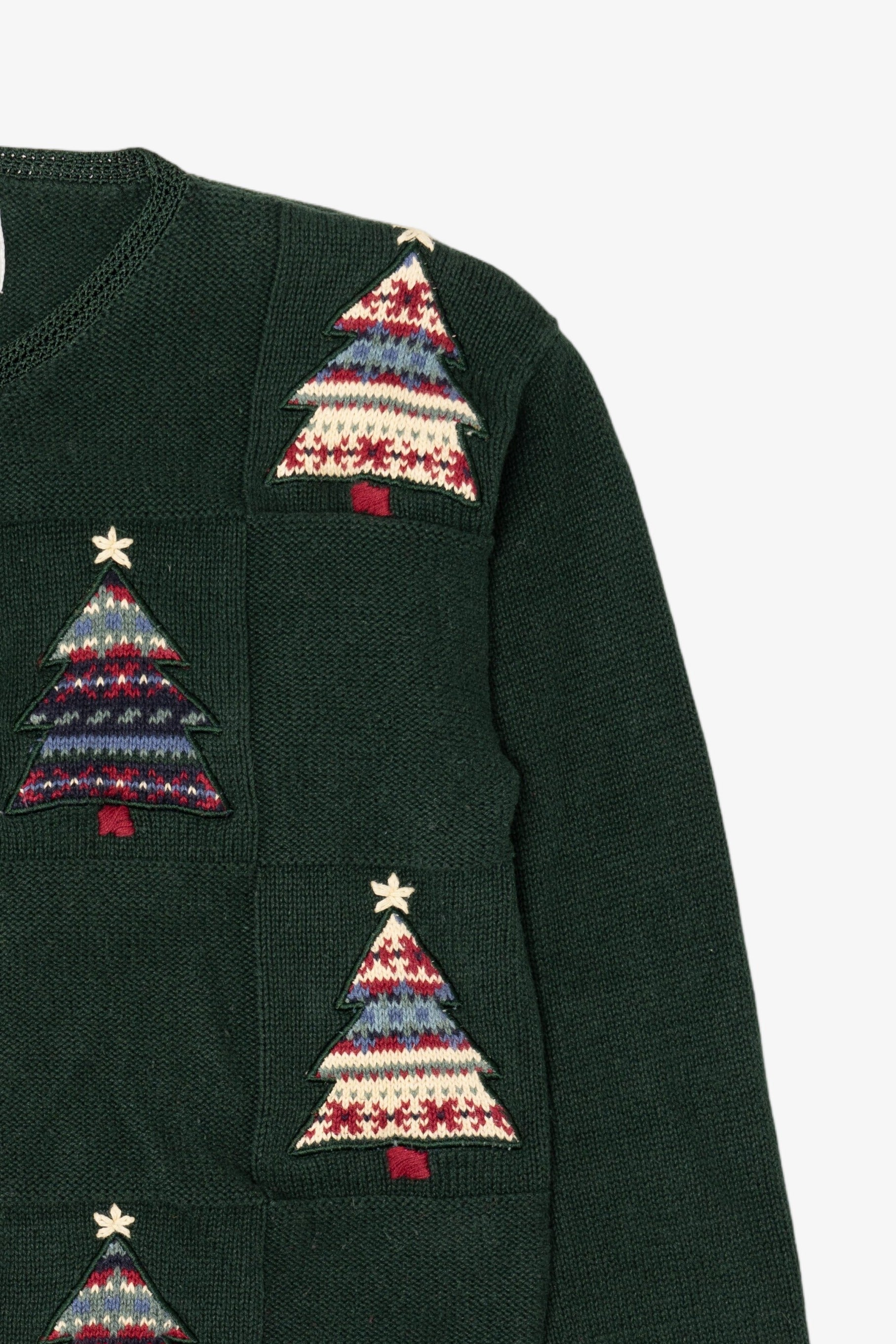 Vintage Hand Embroidered Green Christopher & Banks Trees Ugly Christmas Cardigan (1990s)