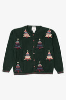 Vintage Hand Embroidered Green Christopher & Banks Trees Ugly Christmas Cardigan (1990s)