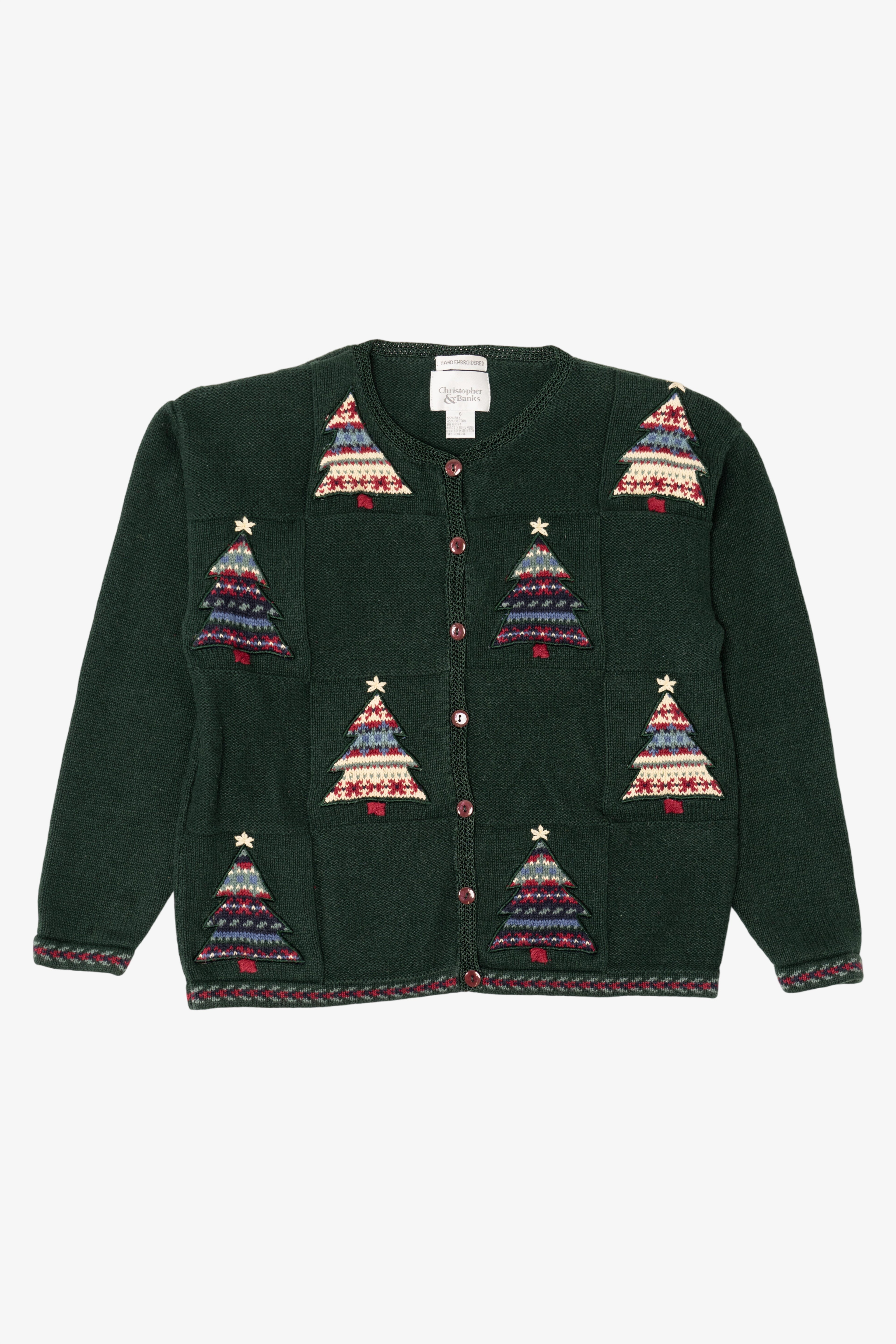 Vintage Hand Embroidered Green Christopher & Banks Trees Ugly Christmas Cardigan (1990s)