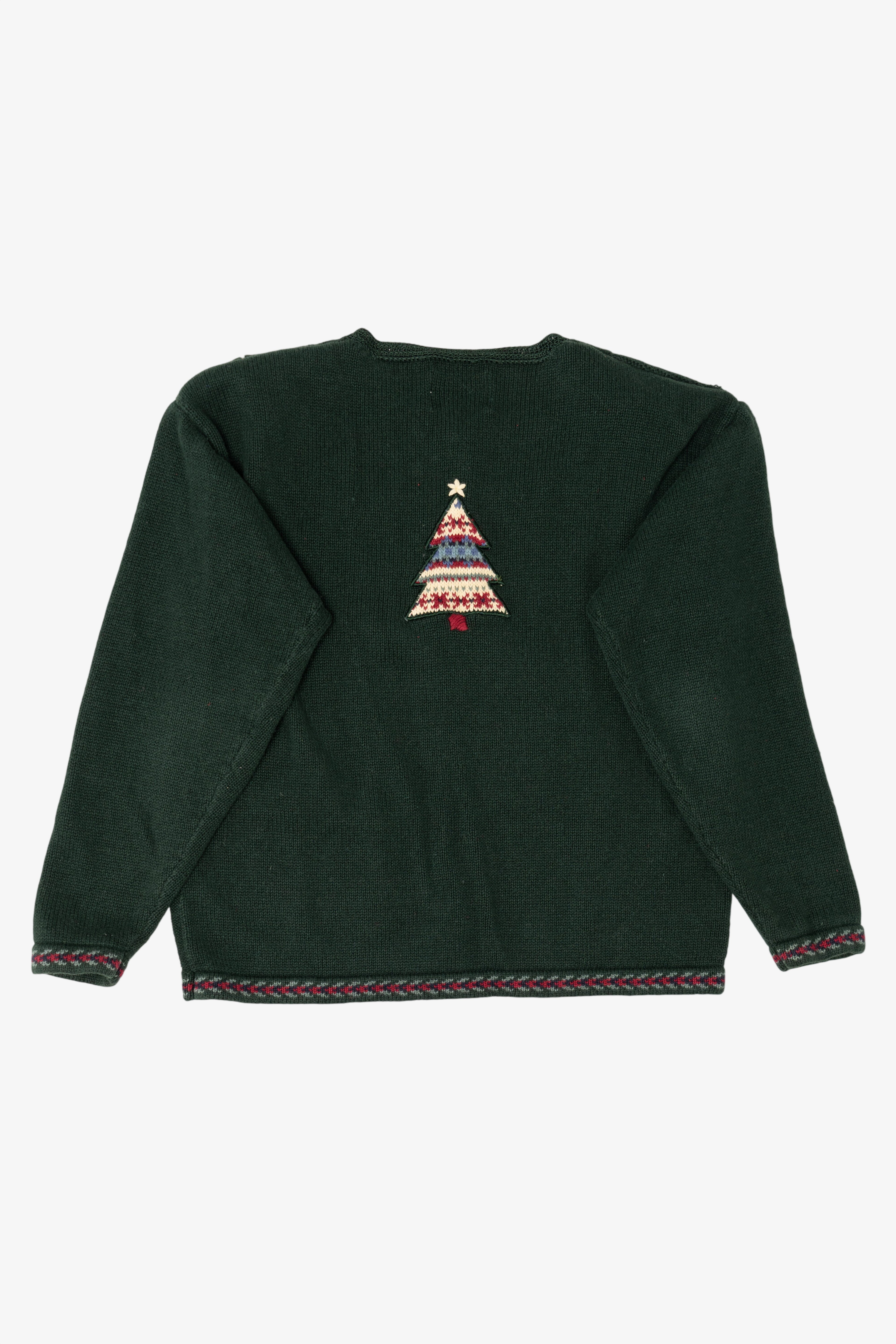 Vintage Hand Embroidered Green Christopher & Banks Trees Ugly Christmas Cardigan (1990s)