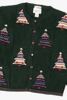 Vintage Hand Embroidered Green Christopher & Banks Trees Ugly Christmas Cardigan (1990s)