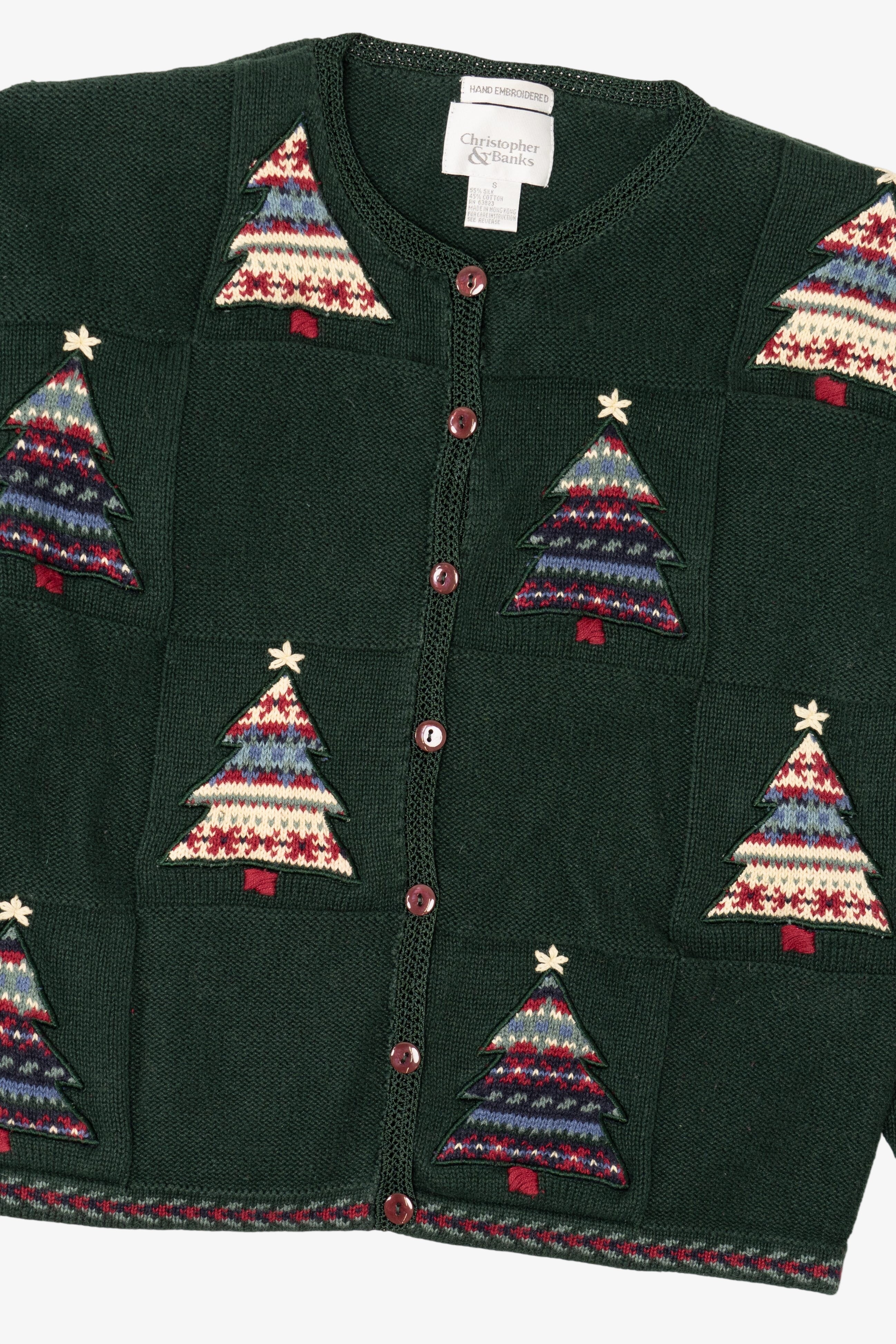 Vintage Hand Embroidered Green Christopher & Banks Trees Ugly Christmas Cardigan (1990s)