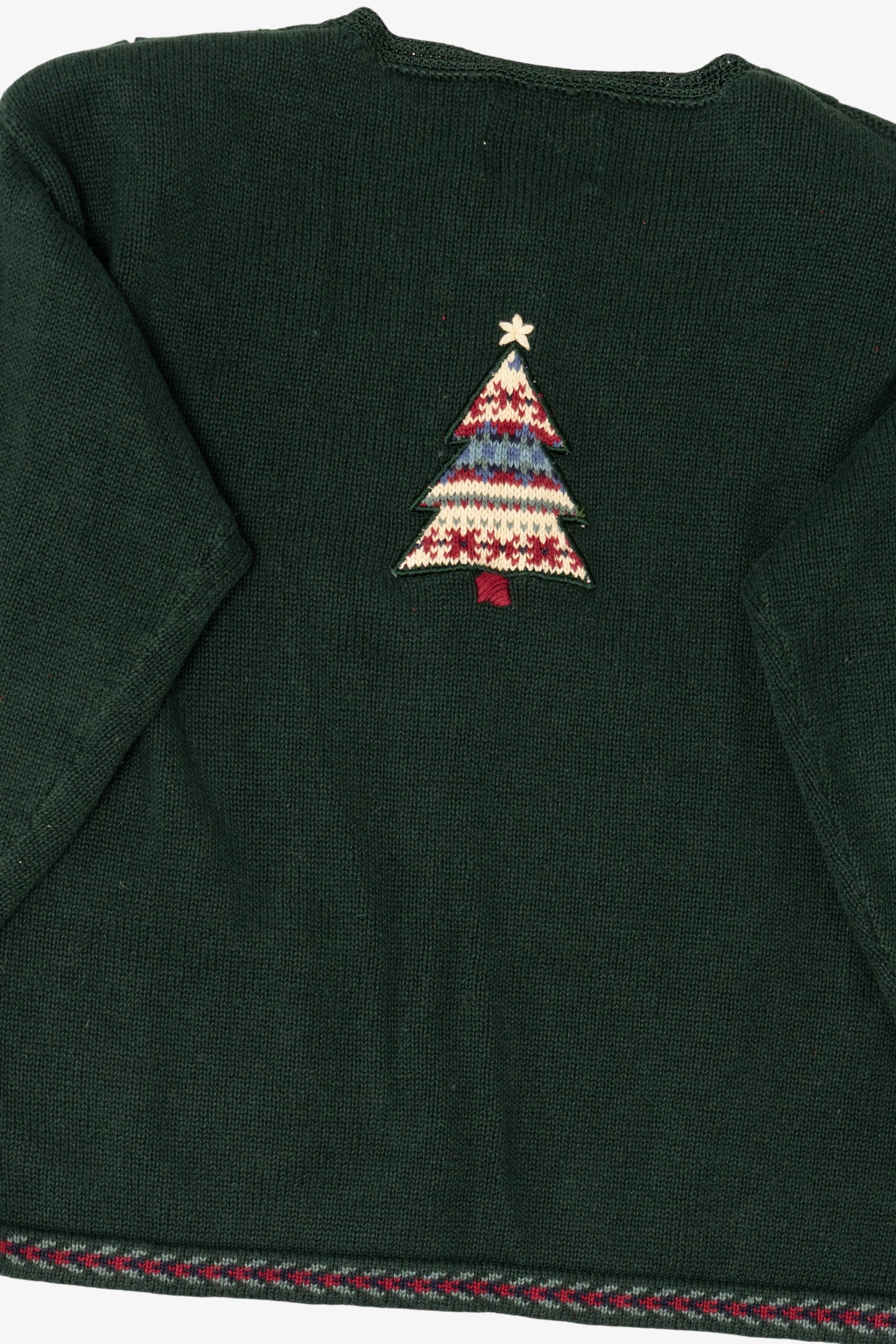 Vintage Hand Embroidered Green Christopher & Banks Trees Ugly Christmas Cardigan (1990s)