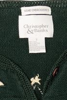Vintage Hand Embroidered Green Christopher & Banks Trees Ugly Christmas Cardigan (1990s)