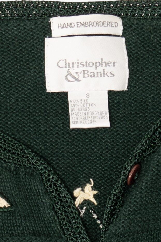 Vintage Hand Embroidered Green Christopher & Banks Trees Ugly Christmas Cardigan (1990s)