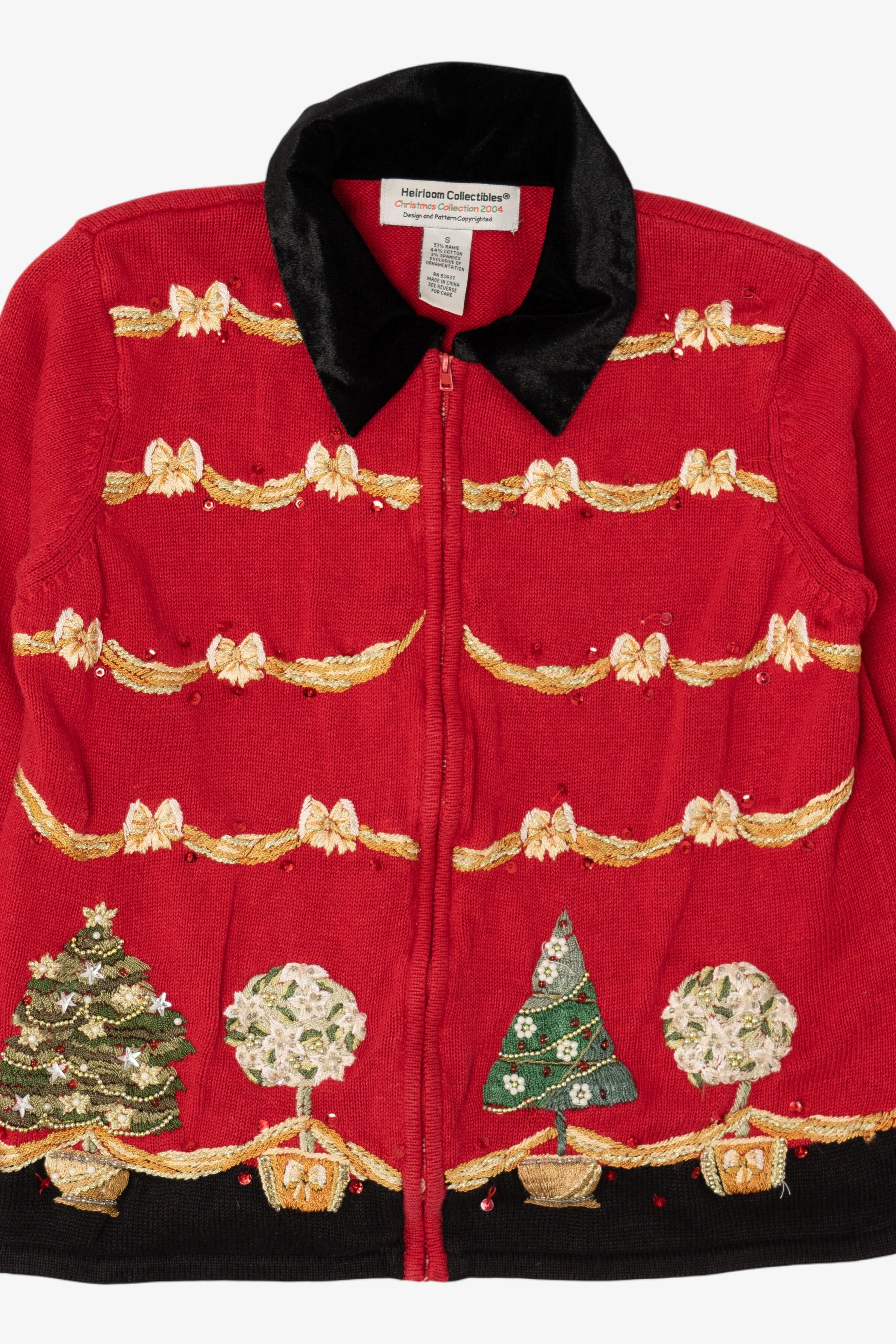 Vintage Red Heirloom Collectibles Bows And Trees Ugly Christmas Cardigan (2000s)