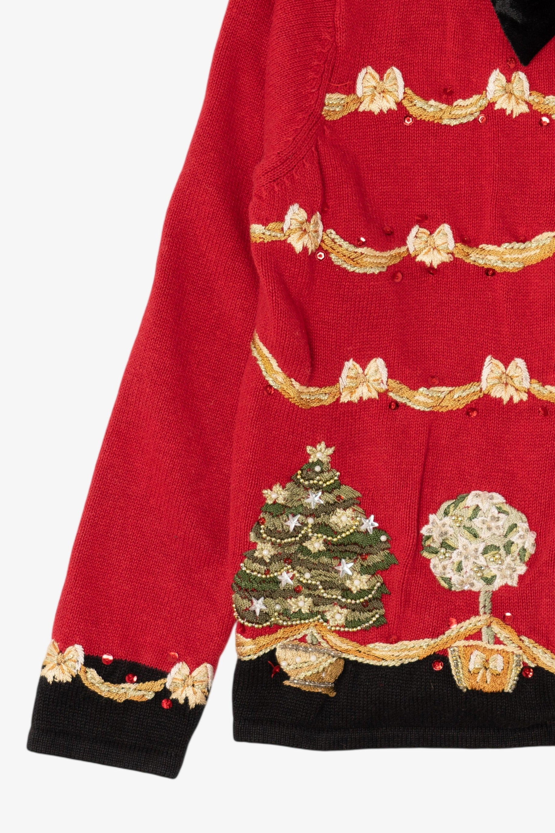 Vintage Red Heirloom Collectibles Bows And Trees Ugly Christmas Cardigan (2000s)