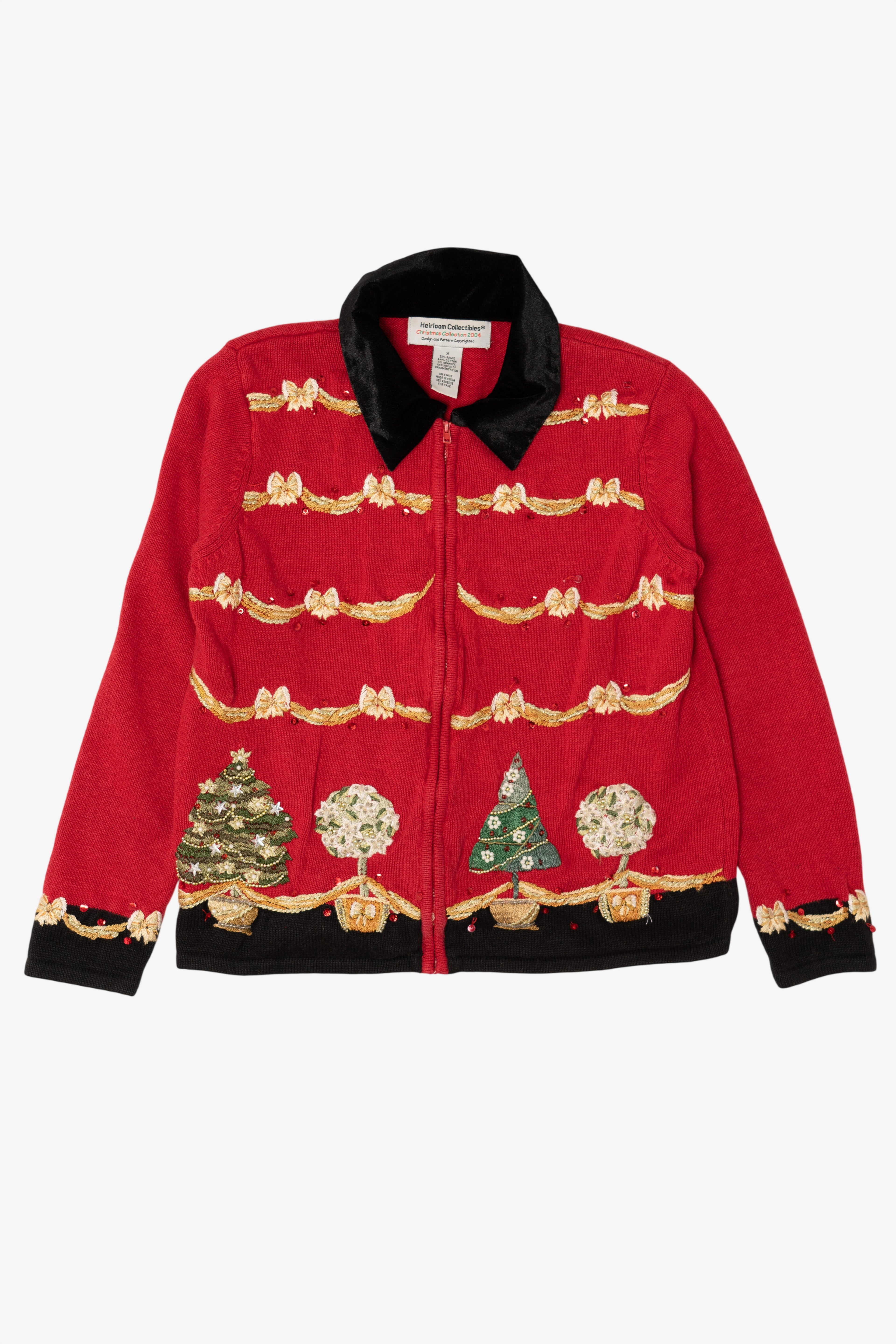 Vintage Red Heirloom Collectibles Bows And Trees Ugly Christmas Cardigan (2000s)
