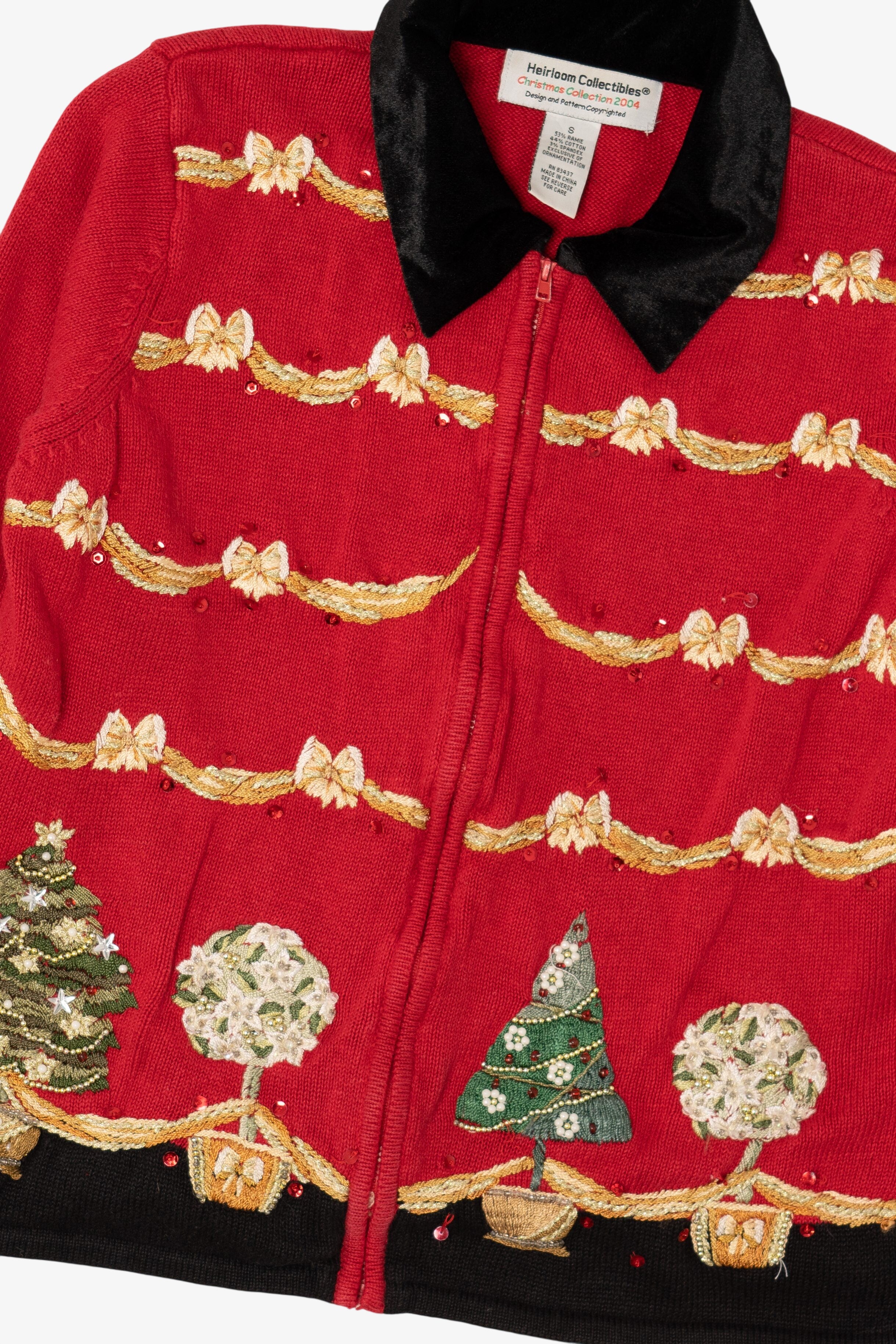 Vintage Red Heirloom Collectibles Bows And Trees Ugly Christmas Cardigan (2000s)