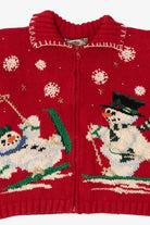 Vintage Red Tiara Snowmen Skiing Ugly Christmas Cardigan (1990s)