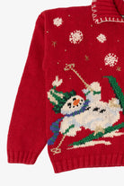 Vintage Red Tiara Snowmen Skiing Ugly Christmas Cardigan (1990s)