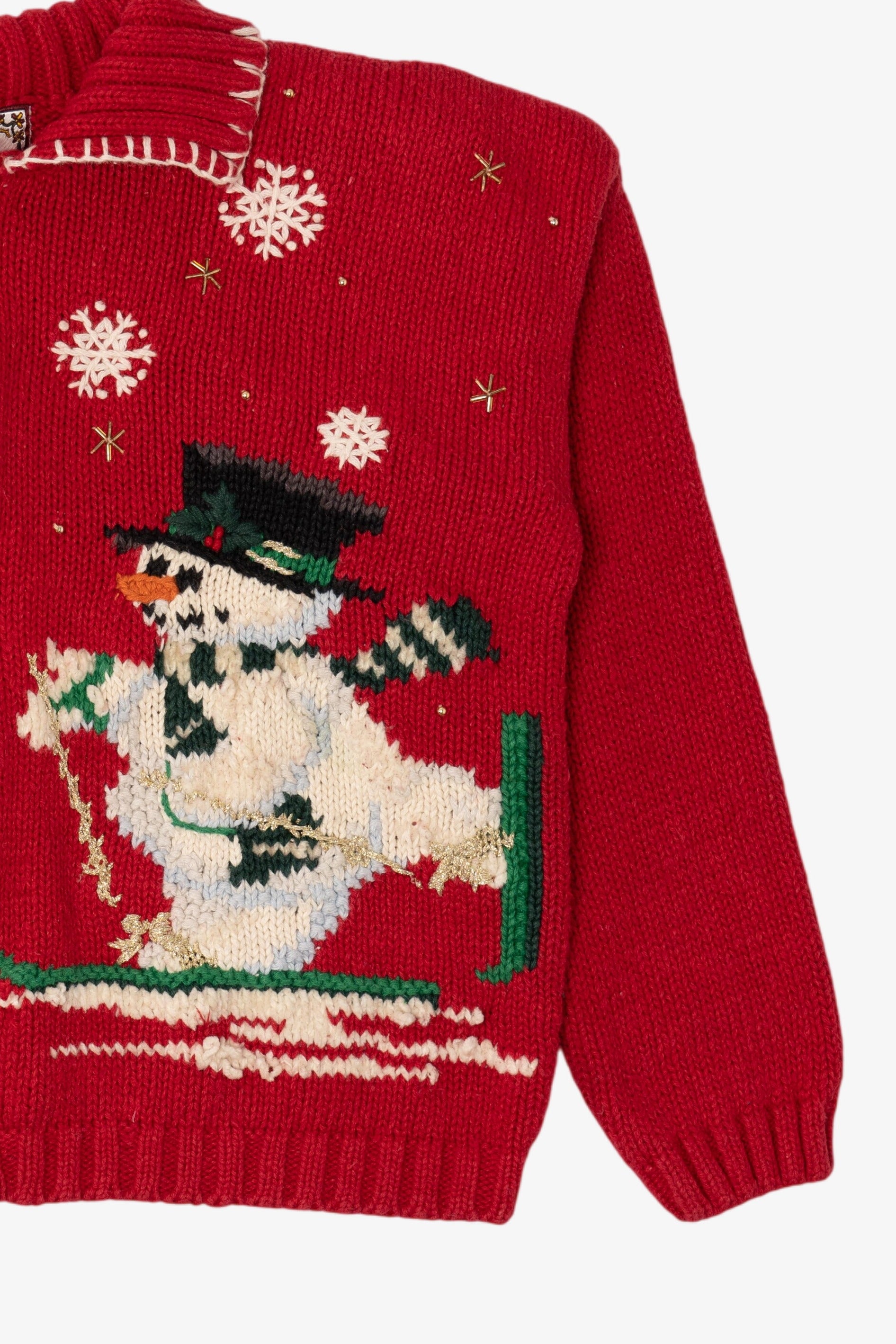 Vintage Red Tiara Snowmen Skiing Ugly Christmas Cardigan (1990s)