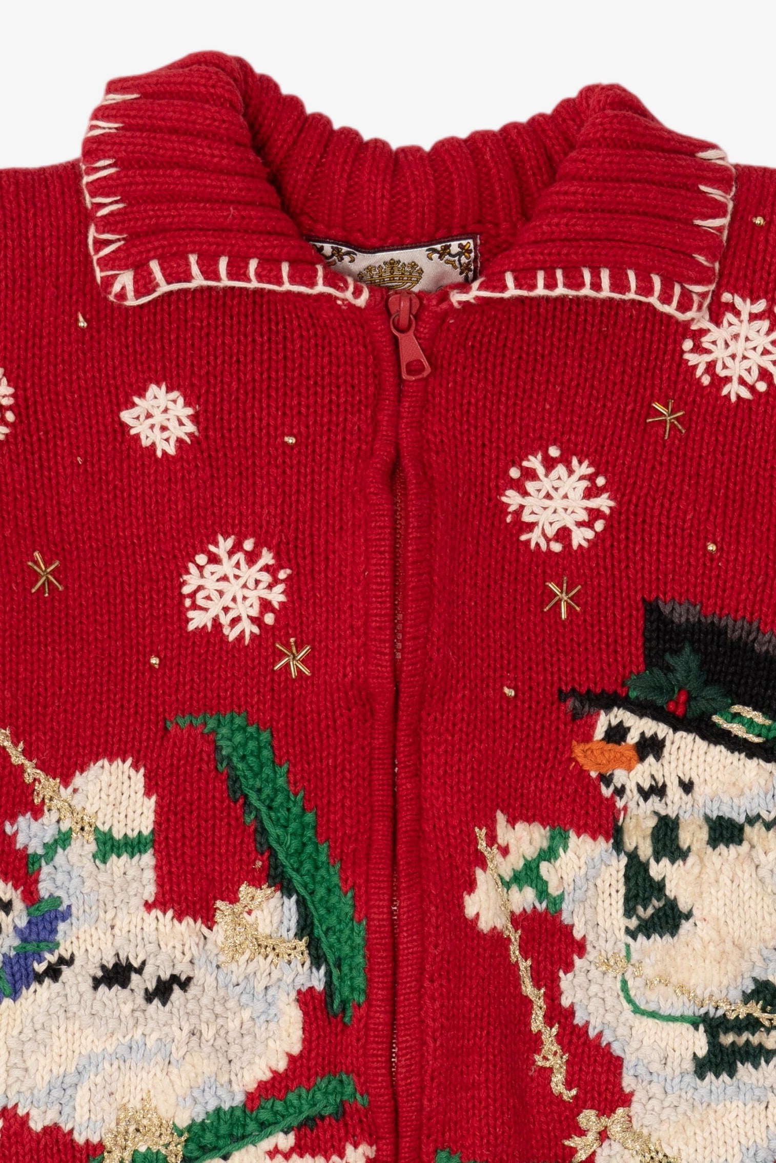 Vintage Red Tiara Snowmen Skiing Ugly Christmas Cardigan (1990s)